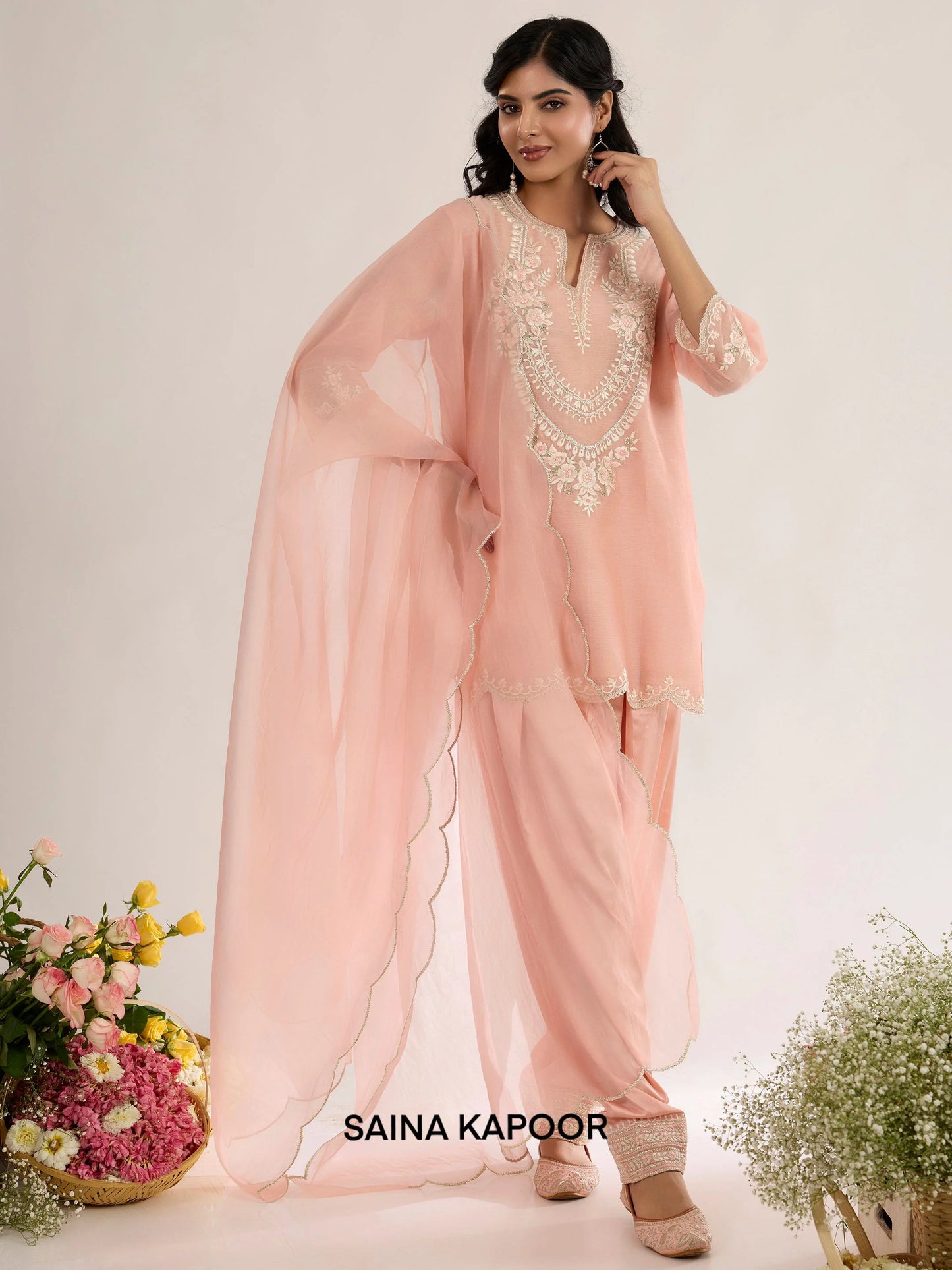Blush Pink Chanderi Short Kurta ALAYNA with Salwar & Organza Dupatta - Saina Kapoor