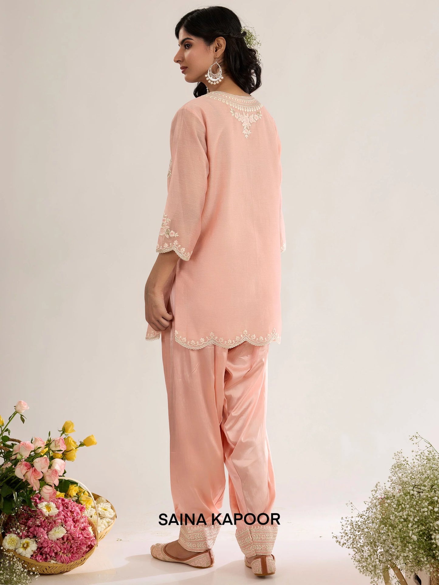 Blush Pink Chanderi Kurta ALAYNA back view with Satin Salwar & Scalloped Dupatta - Saina Kapoor