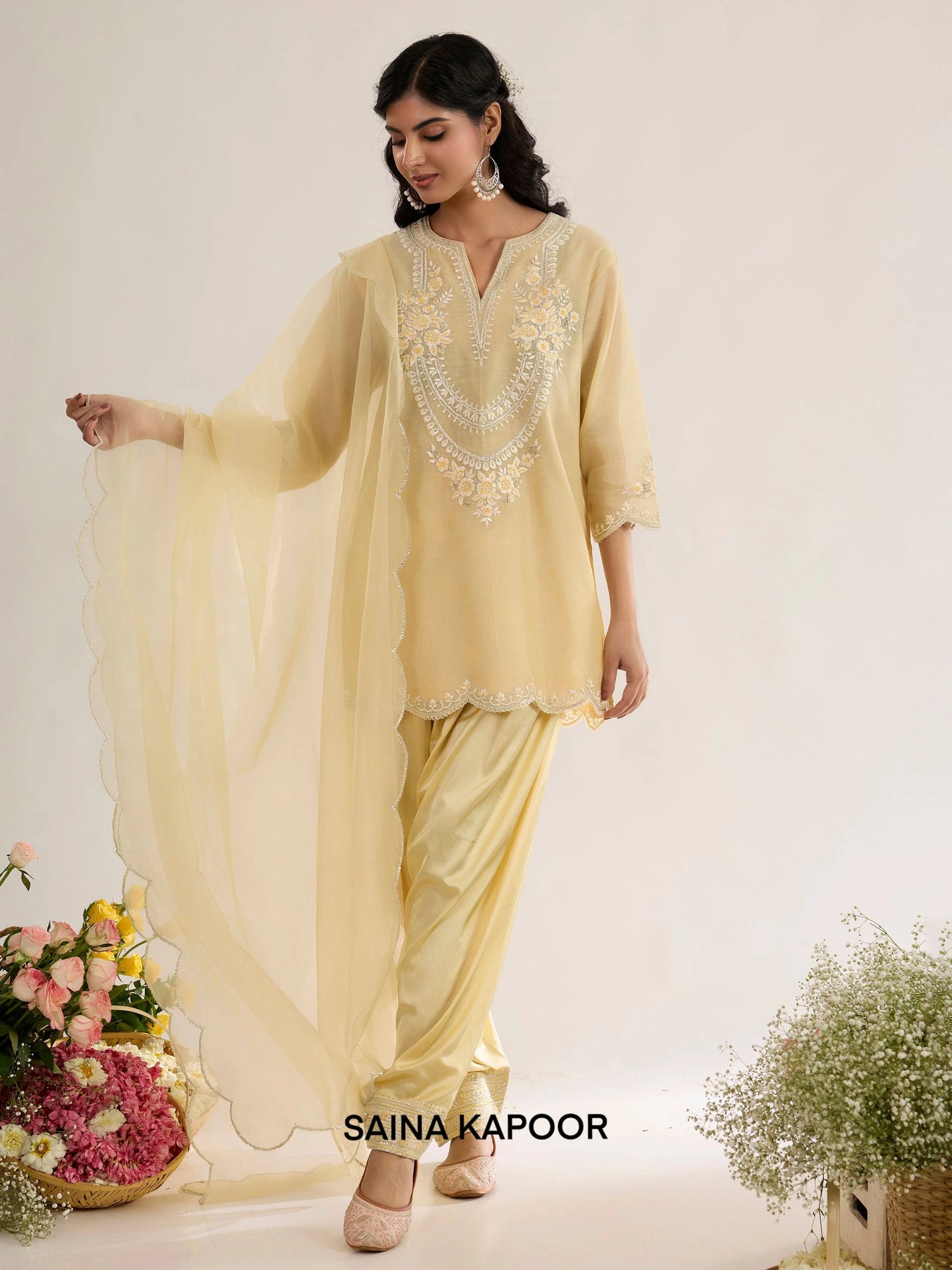 Soft Yellow Chanderi Short Kurta with Satin Salwar & Organza Dupatta - Saina Kapoor