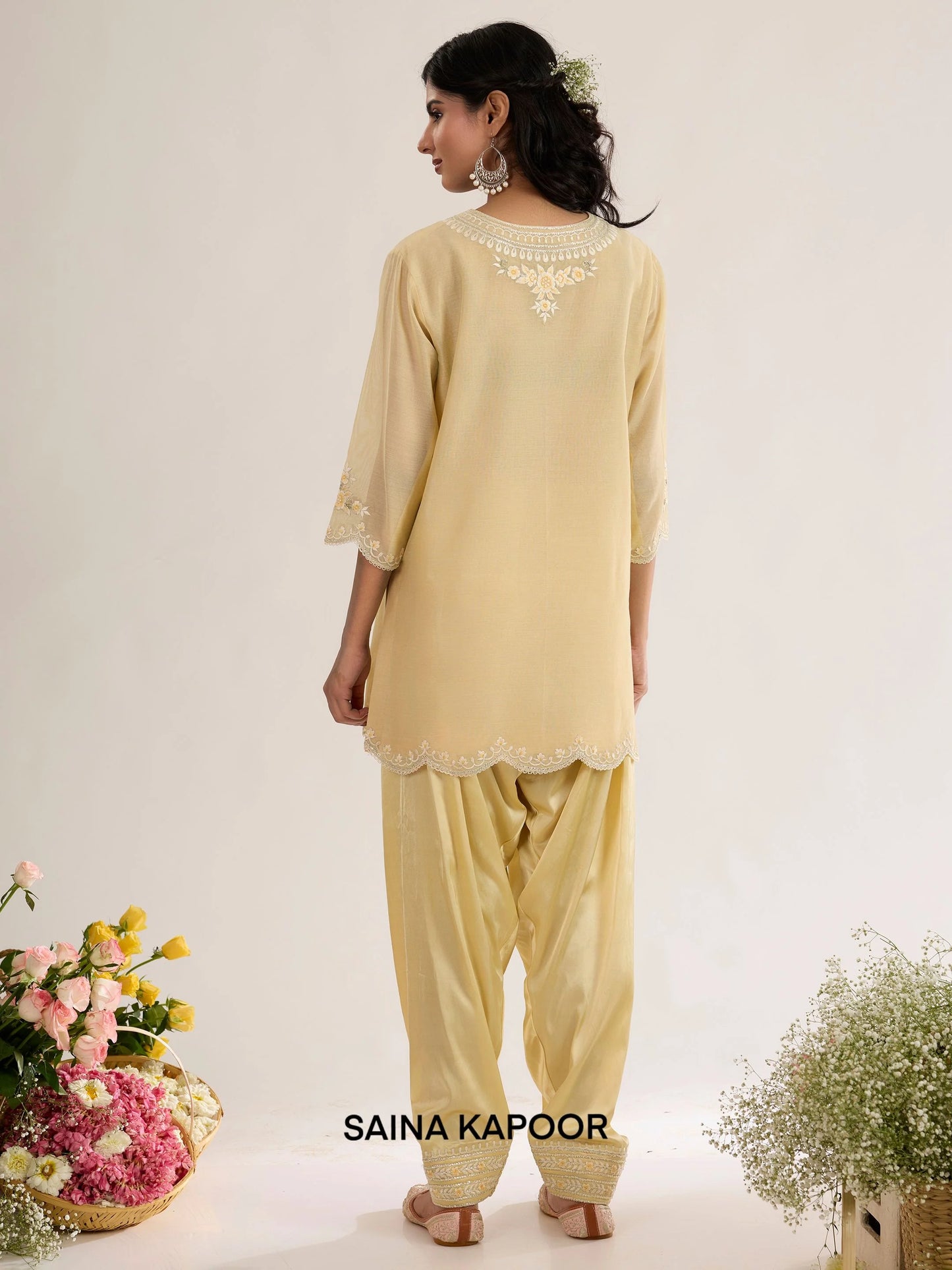 Soft Yellow Chanderi Short Kurta back view with Satin Salwar & Scalloped Dupatta - Saina Kapoor