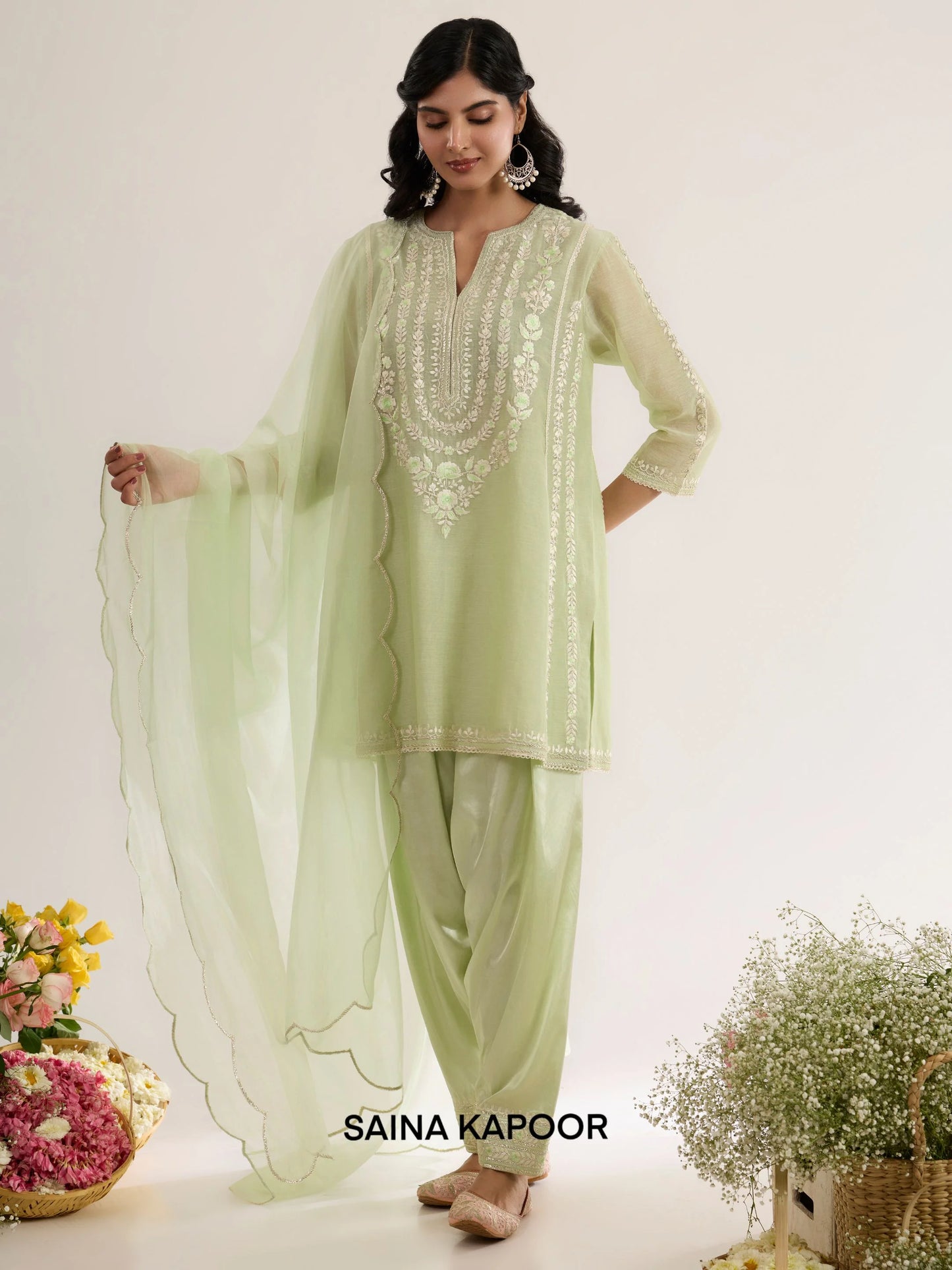 Mint Green Chanderi Short Choga with Satin Salwar & Organza Dupatta - Saina Kapoor
