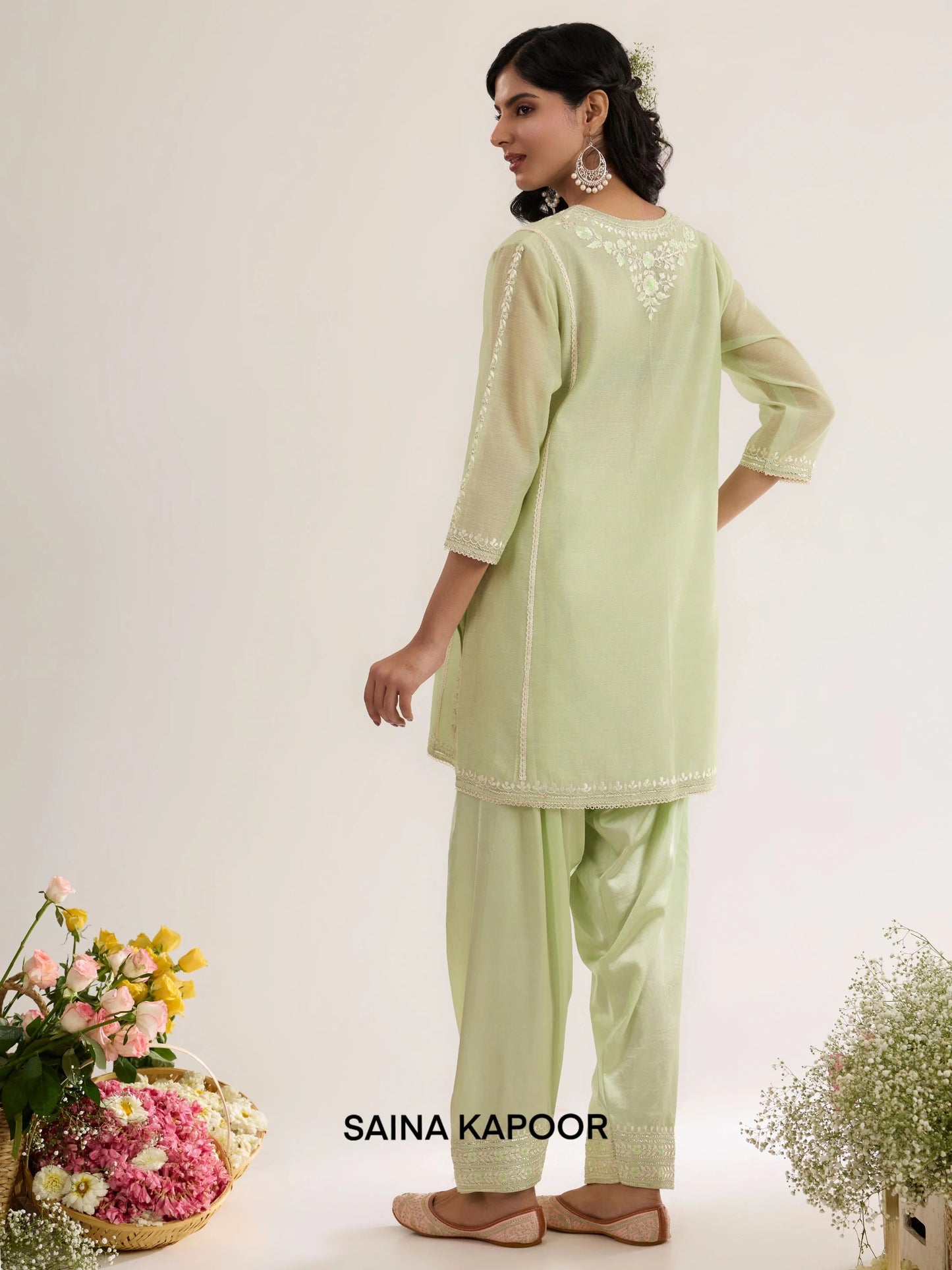 Mint Green Chanderi Short Choga back view with Satin Salwar & Scalloped Dupatta - Saina Kapoor