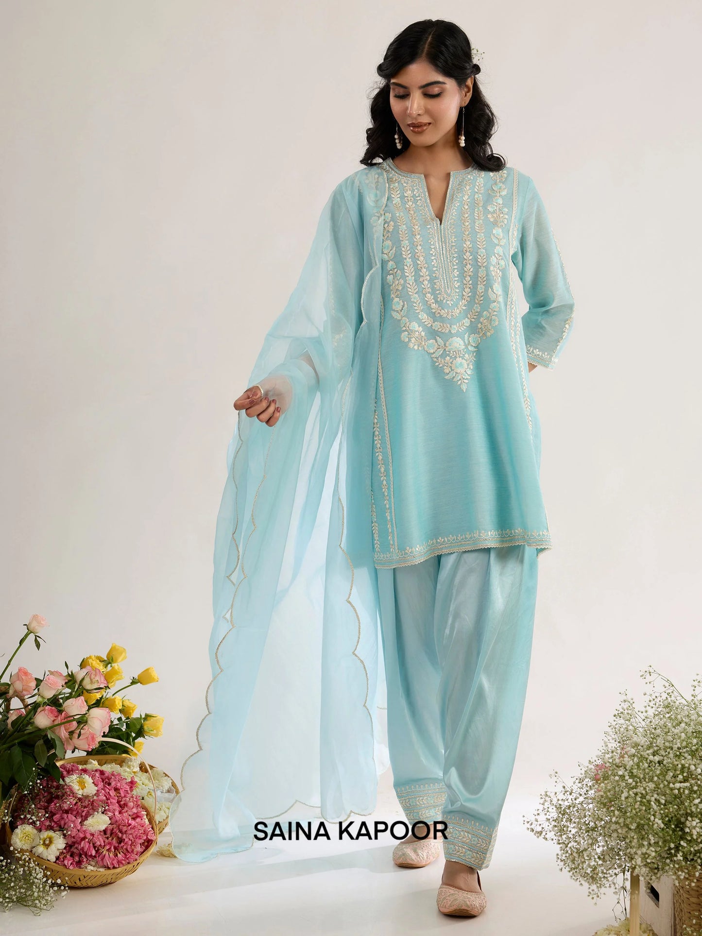 Powder Blue Chanderi Short Choga with Satin Salwar & Organza Dupatta - Saina Kapoor