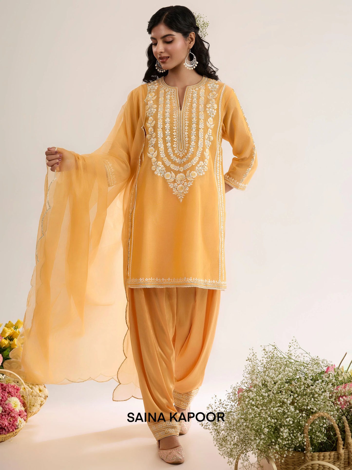 Peachy Orange Chanderi Short Choga with Satin Salwar & Organza Dupatta - Saina Kapoor