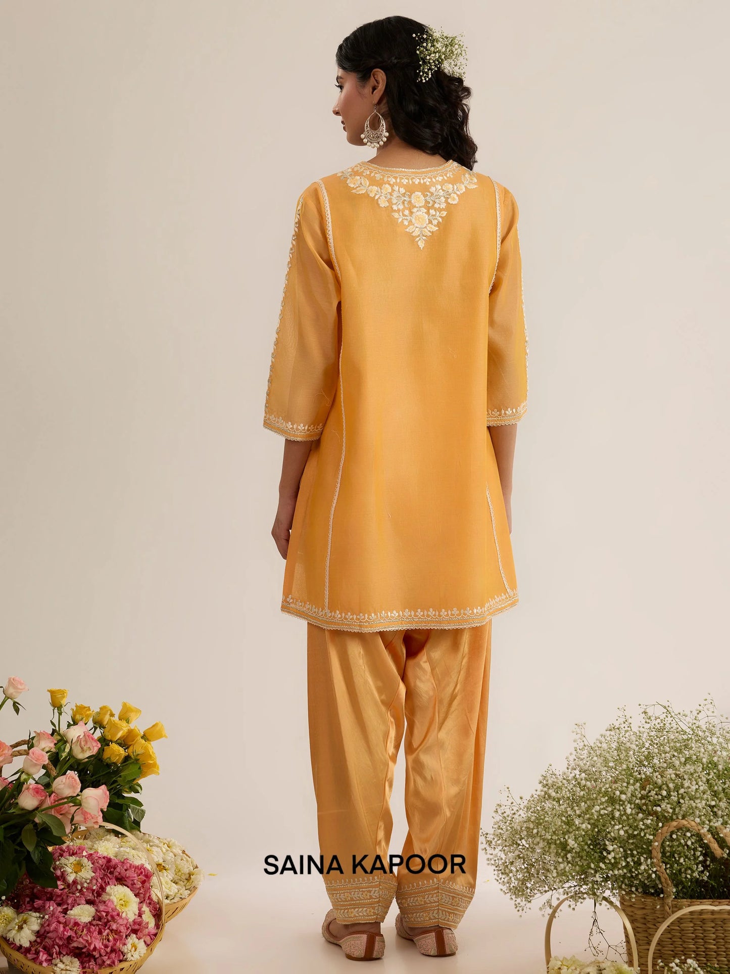 Peachy Orange Chanderi Short Choga back view with Satin Salwar & Scalloped Dupatta - Saina Kapoor