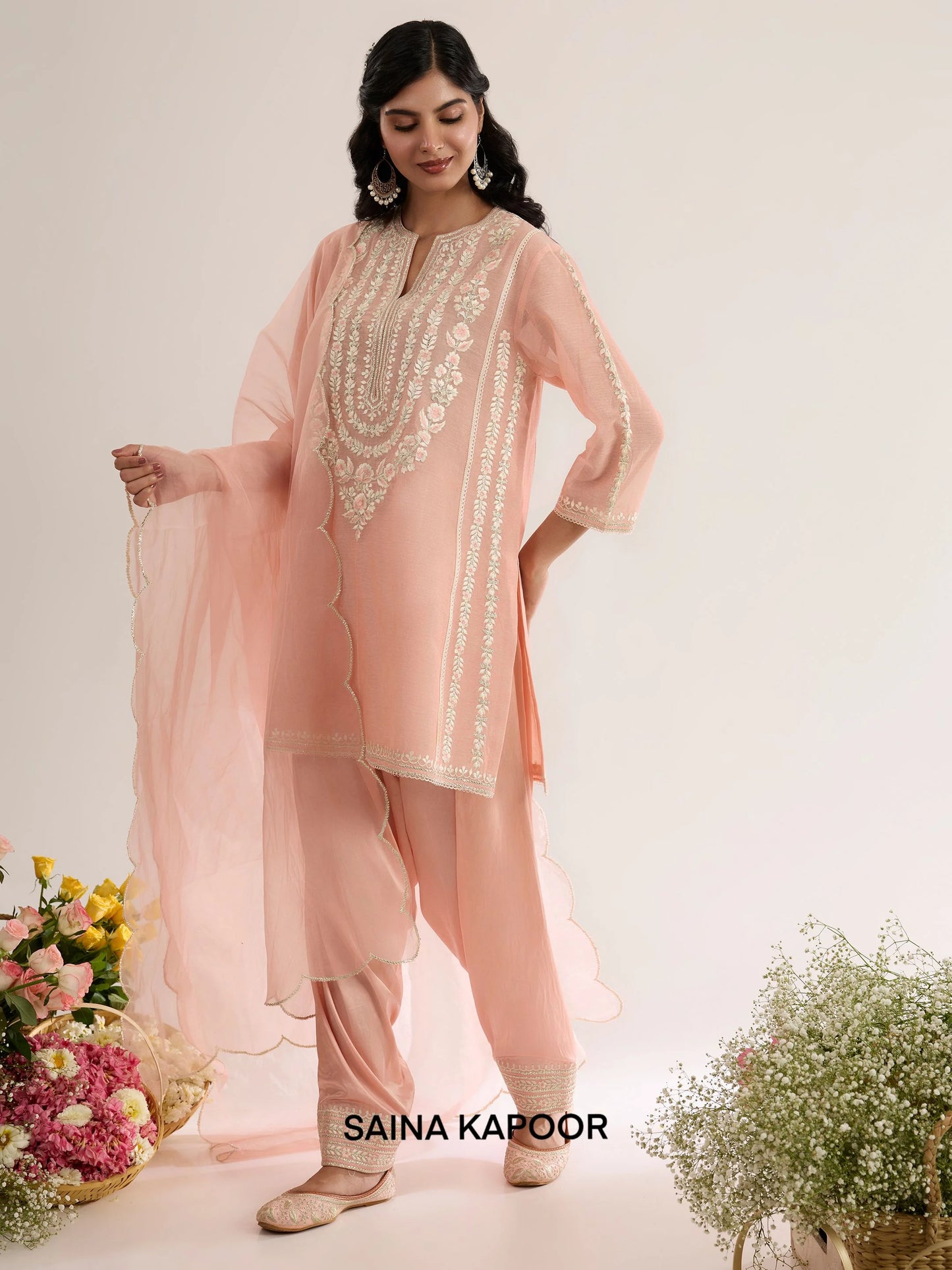 Blush Pink Chanderi Short Choga with Satin Salwar & Organza Dupatta - Saina Kapoor