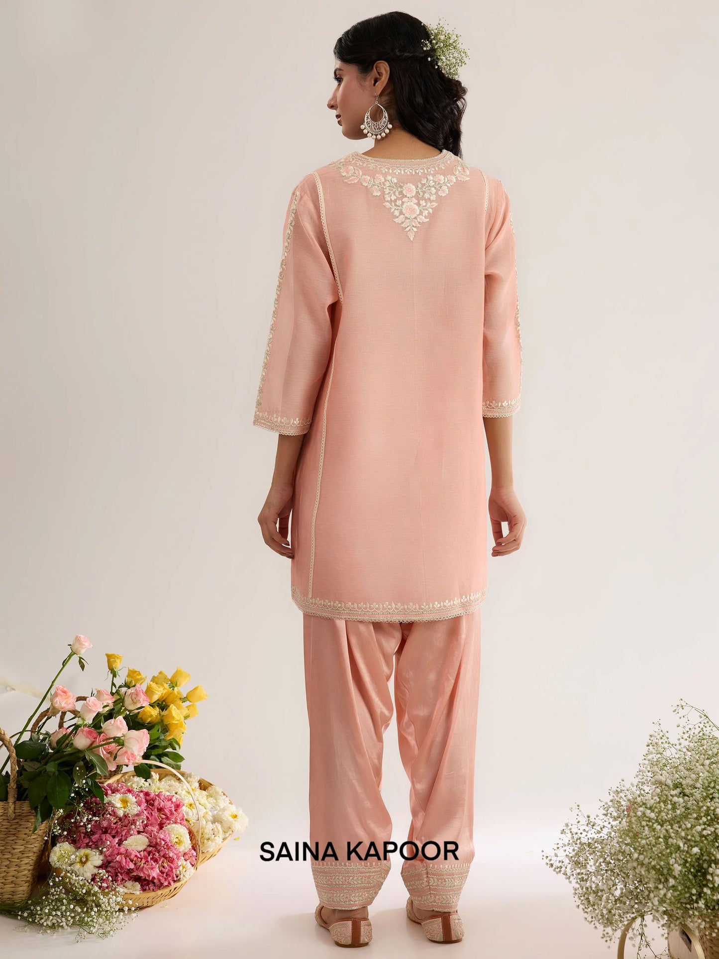Blush Pink Chanderi Short Choga back view with Satin Salwar & Scalloped Dupatta - Saina Kapoor