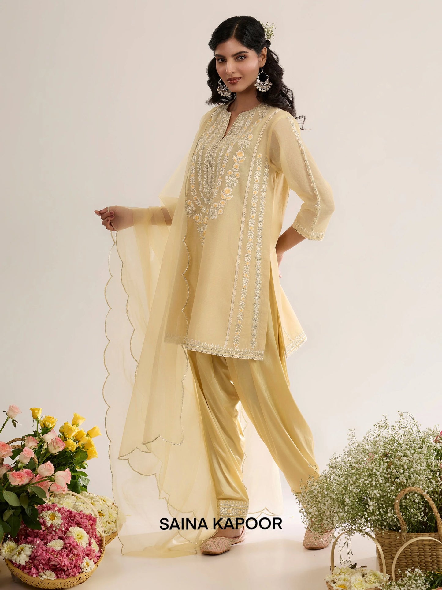 Soft Yellow Chanderi Short Choga with Satin Salwar & Organza Dupatta - Saina Kapoor