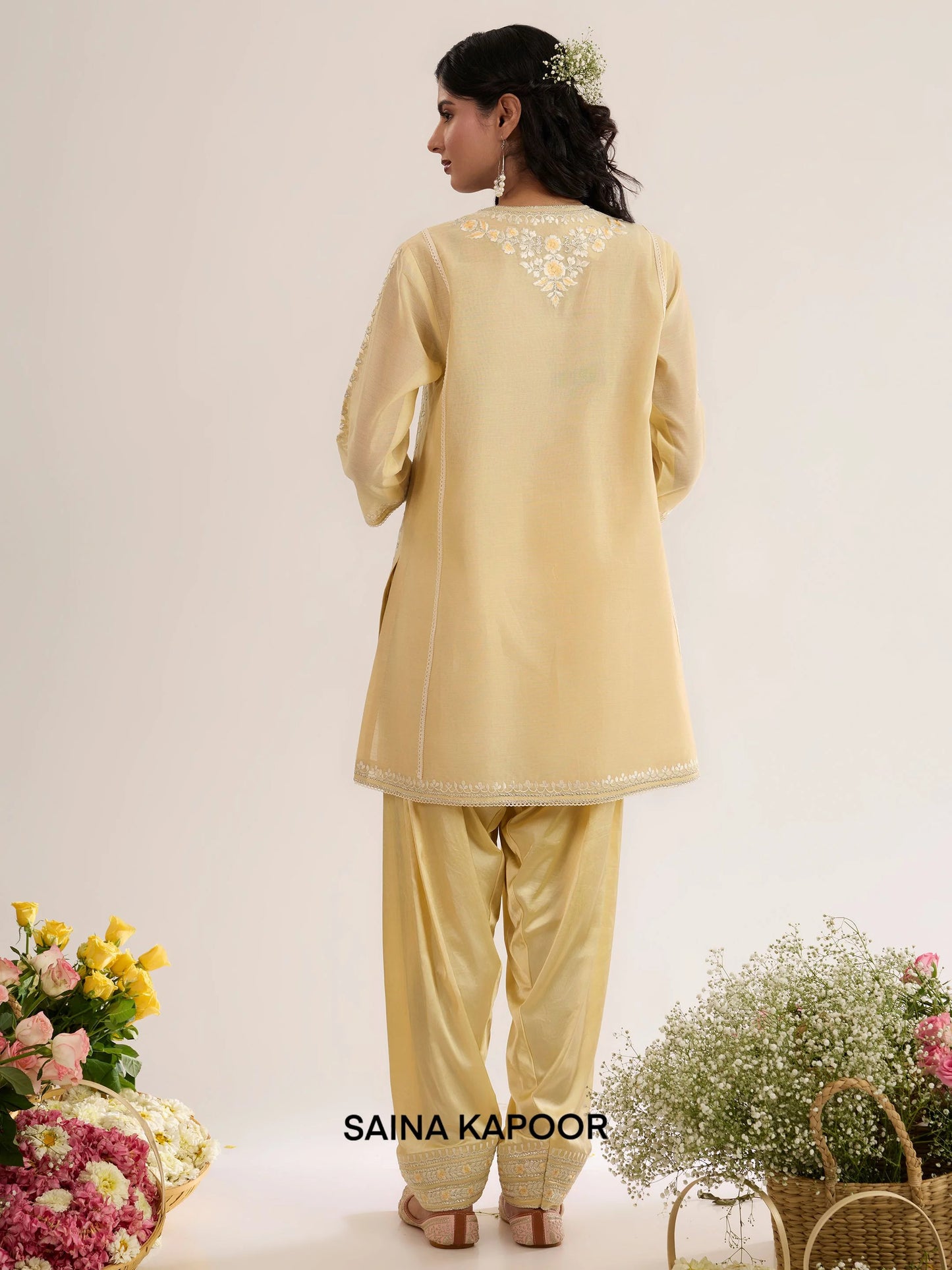 Soft Yellow Chanderi Short Choga back view with Satin Salwar & Scalloped Dupatta - Saina Kapoor