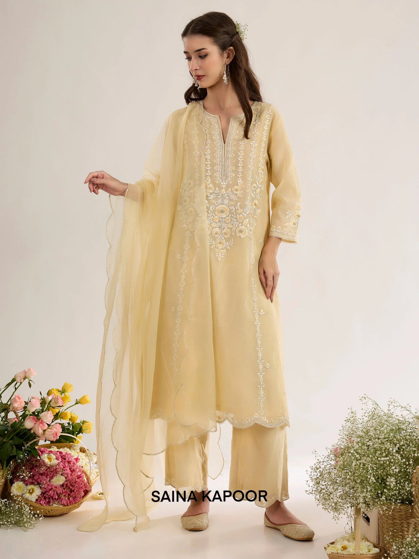 Soft Yellow Chanderi A-Line Kurta with Palazzo & Organza Dupatta - Saina Kapoor
