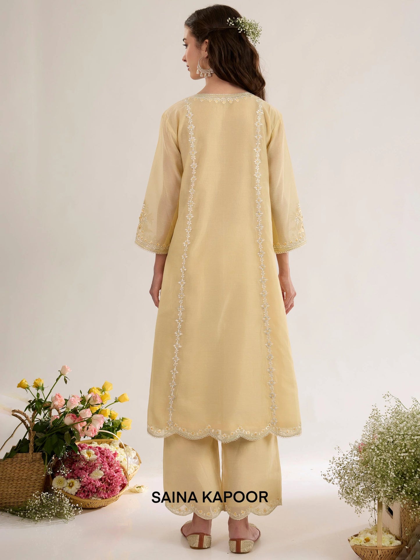 Soft Yellow Chanderi Kurta back view with Palazzo & Scalloped Dupatta - Saina Kapoor