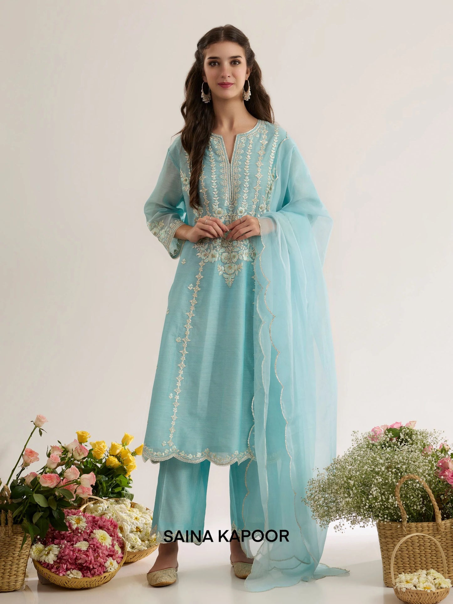 Powder Blue Chanderi A-Line Kurta AMANI with Palazzo & Organza Dupatta - Saina Kapoor