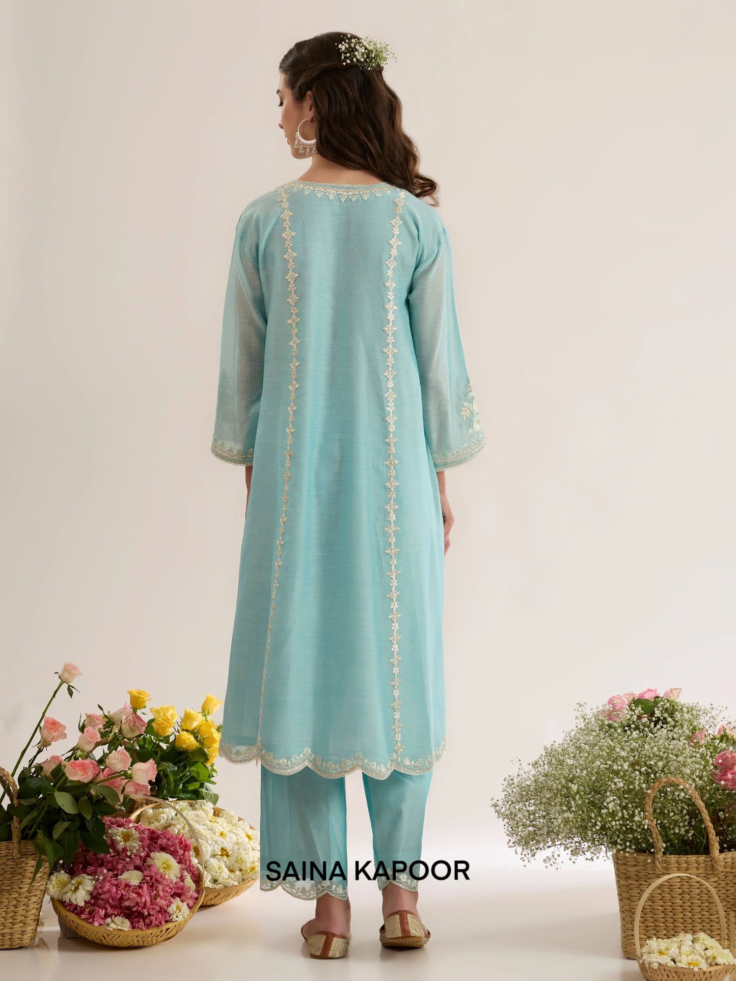 Powder Blue Chanderi Kurta AMANI back view with Palazzo & Scalloped Dupatta - Saina Kapoor