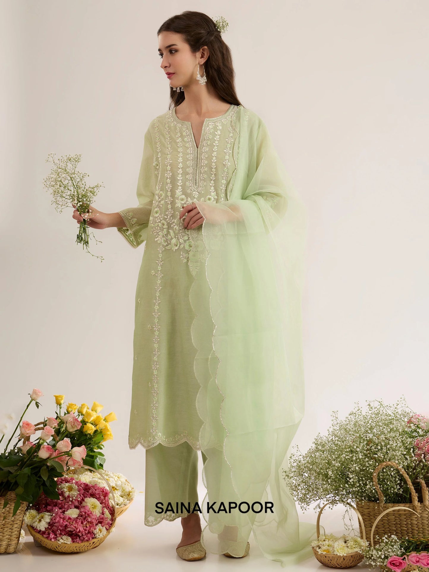 Mint Green Chanderi A-Line Kurta ASIYA with Palazzo & Organza Dupatta - Saina Kapoor