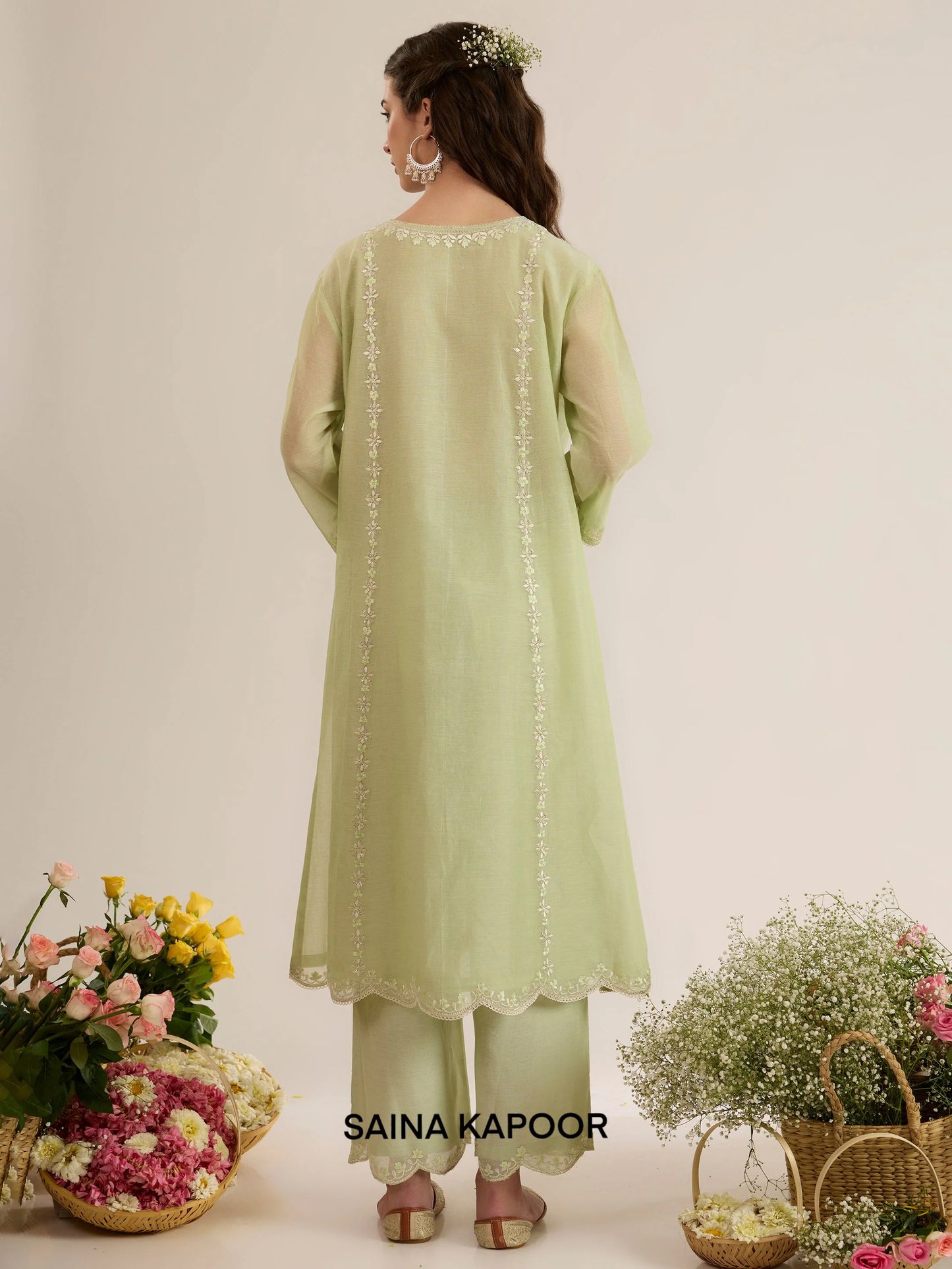 Mint Green Chanderi Kurta ASIYA back view with Palazzo & Scalloped Dupatta - Saina Kapoor