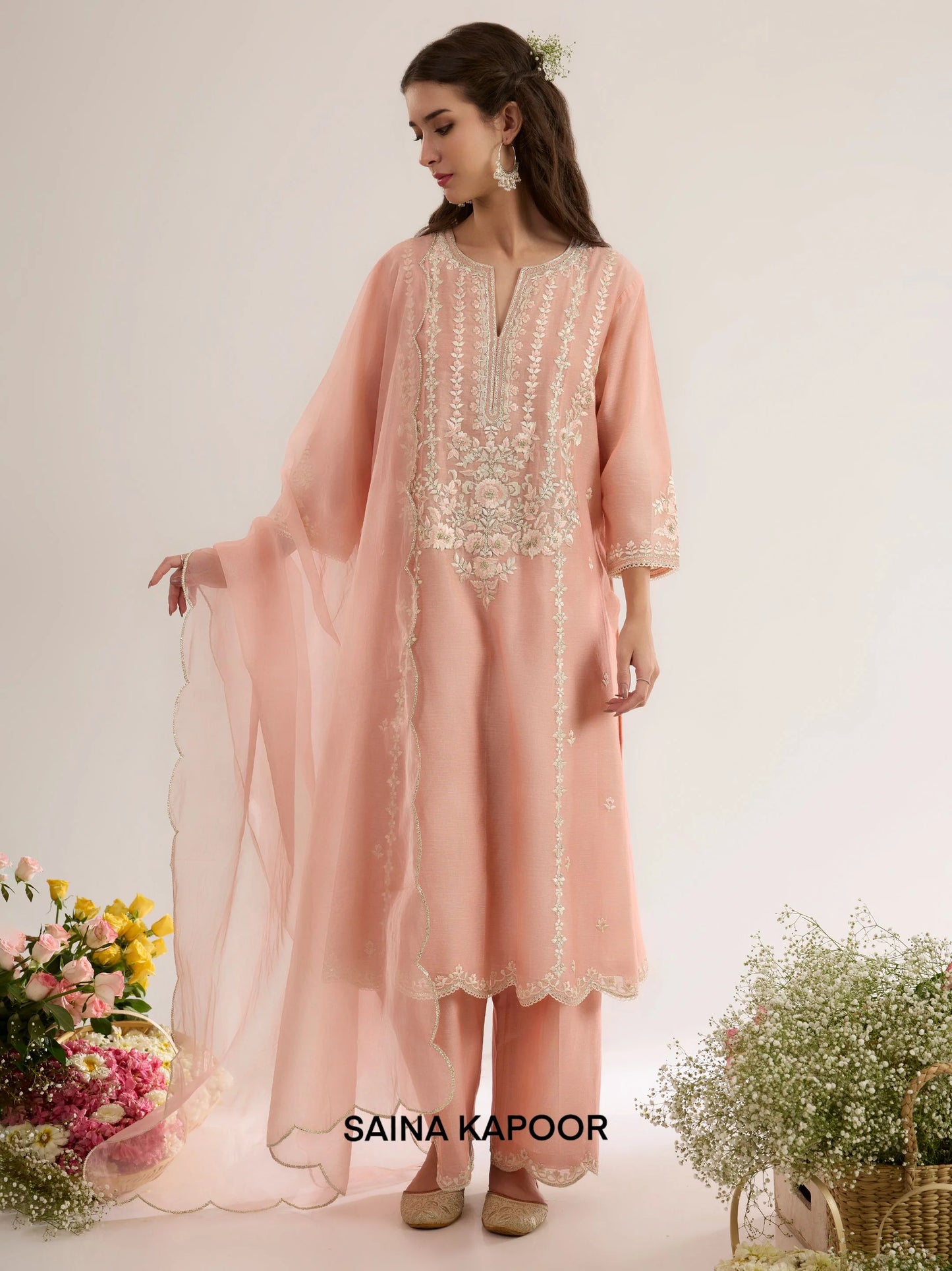Blush Pink Chanderi A-Line Kurta AFNAN with Palazzo & Organza Dupatta - Saina Kapoor