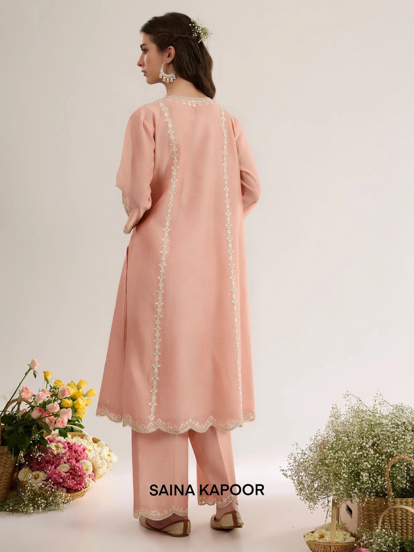 Blush Pink Chanderi Kurta AFNAN back view with Palazzo & Scalloped Dupatta - Saina Kapoor