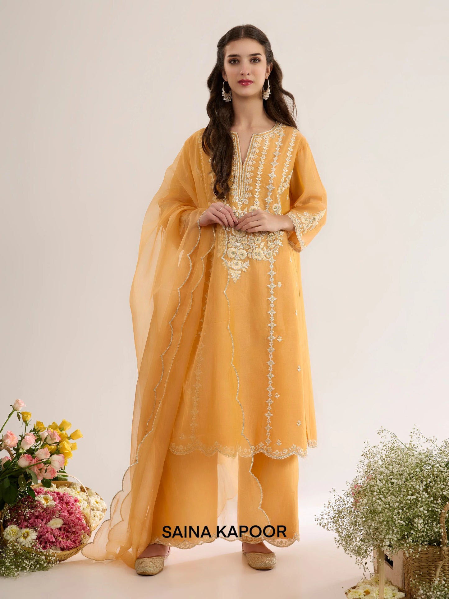 Peachy Orange Chanderi A-Line Kurta ABEEDA with Palazzo & Organza Dupatta - Saina Kapoor