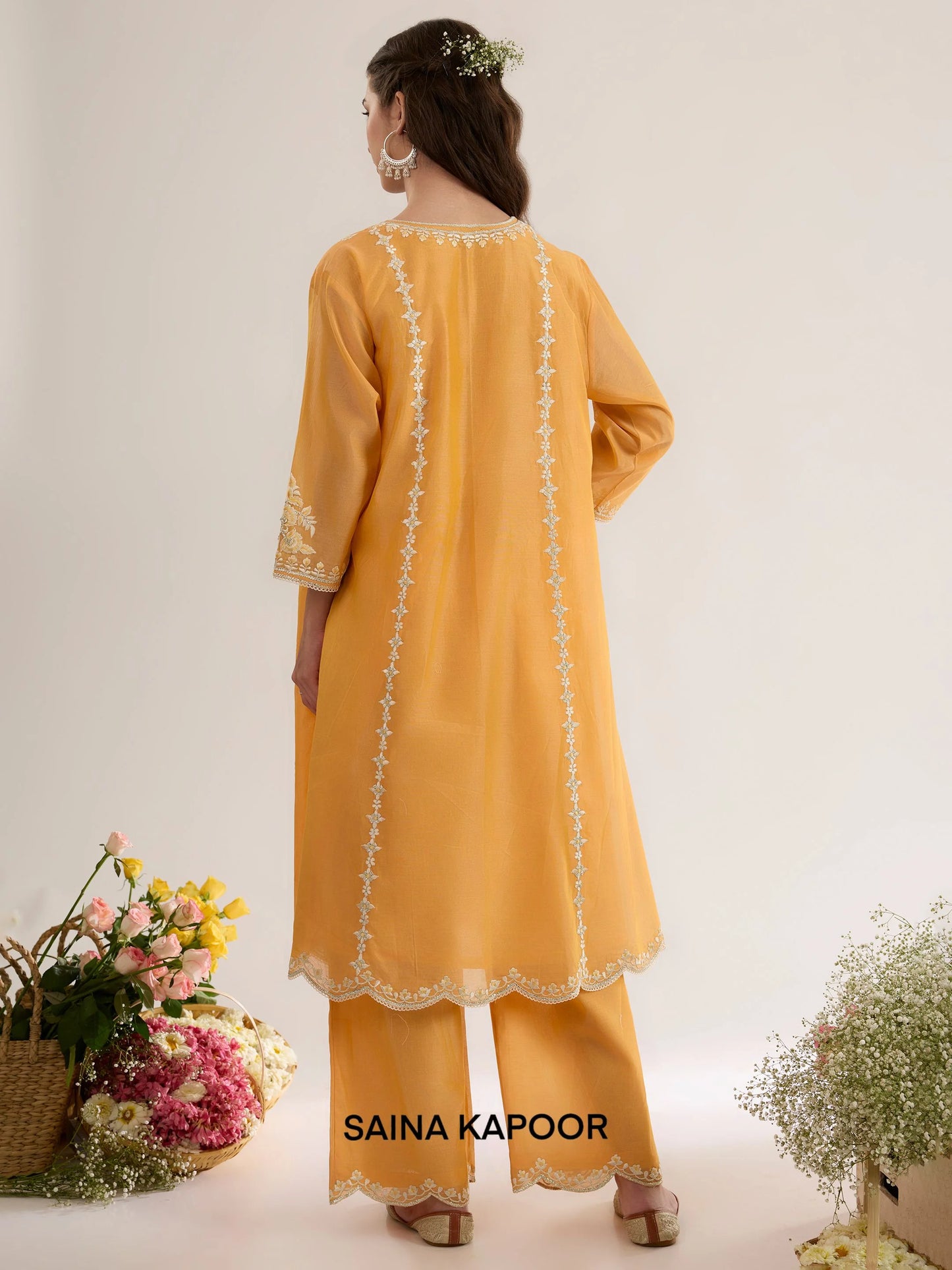 Peachy Orange Chanderi Kurta ABEEDA back view with Palazzo - Saina Kapoor
