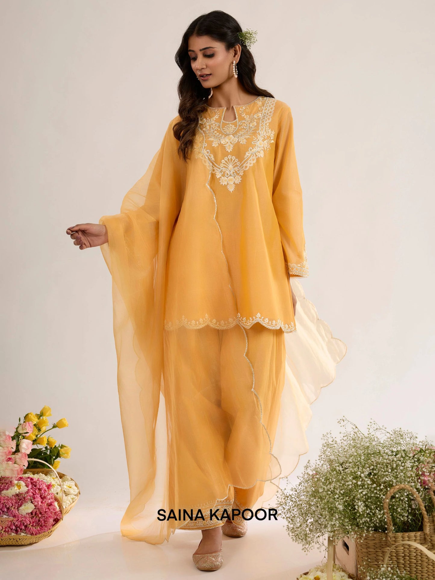Peachy Orange Chanderi Short Kurta AREEJ with Farsha Salwar & Organza Dupatta - Saina Kapoor