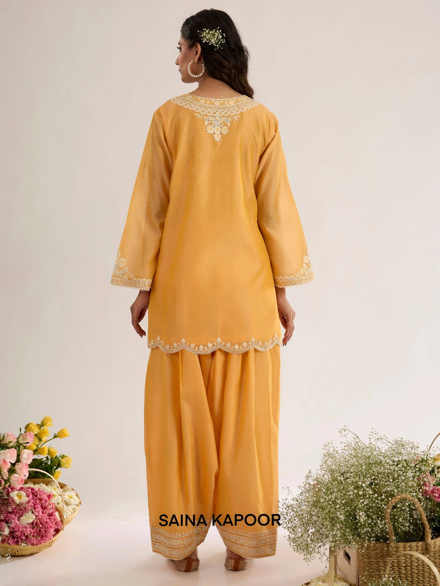 Peachy Orange Chanderi Kurta AREEJ back view with Farsha Salwar & Scalloped Dupatta - Saina Kapoor