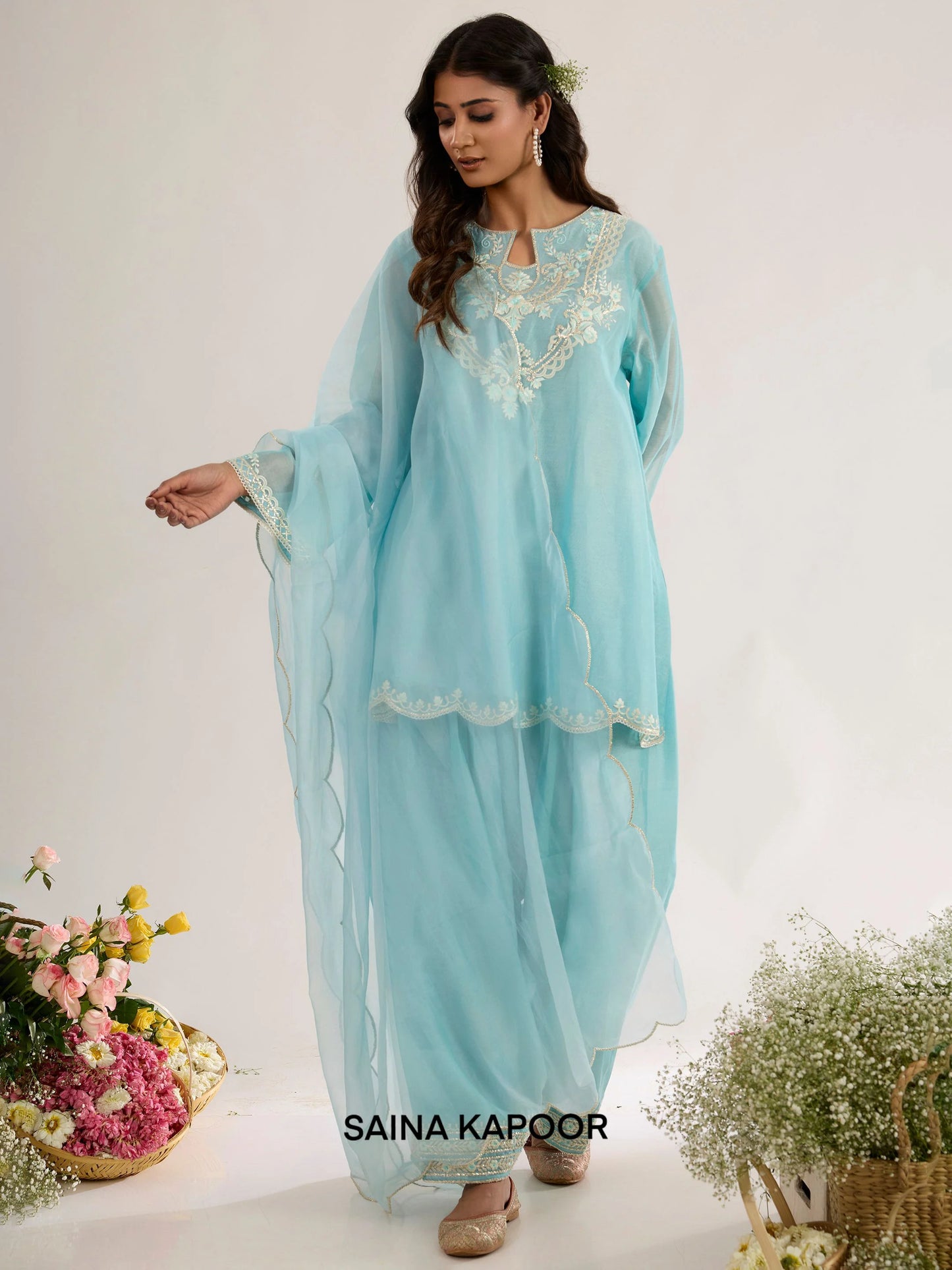 Powder Blue Chanderi Short Kurta ASEELAH with Farsha Salwar & Organza Dupatta - Saina Kapoor