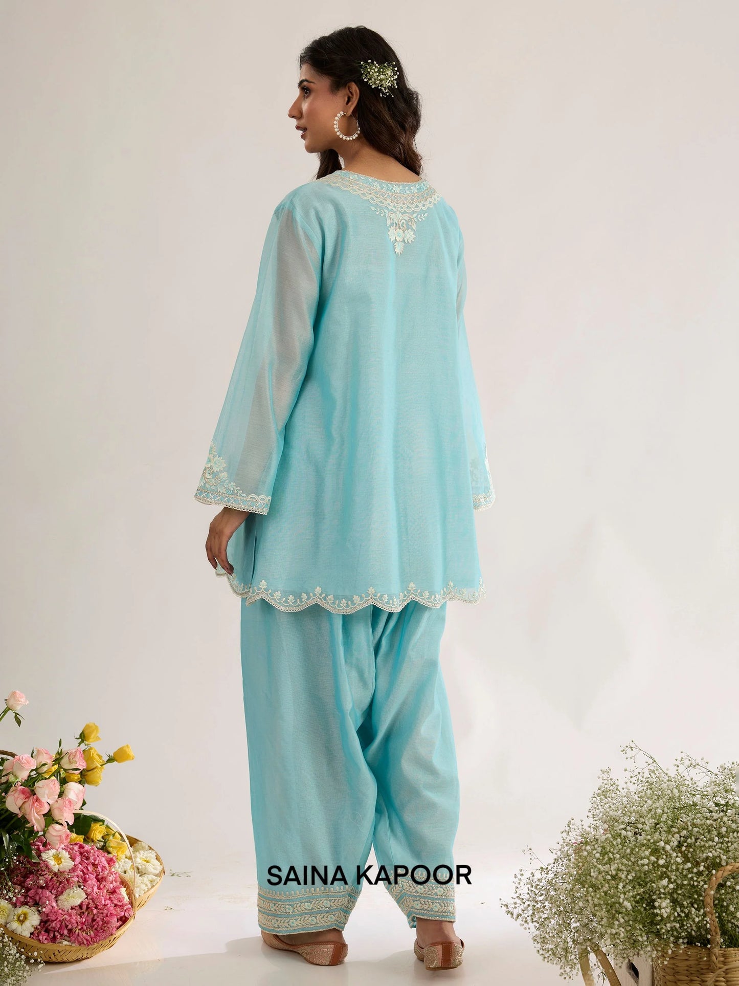 Powder Blue Chanderi Kurta ASEELAH back view with Farsha Salwar & Scalloped Dupatta - Saina Kapoor