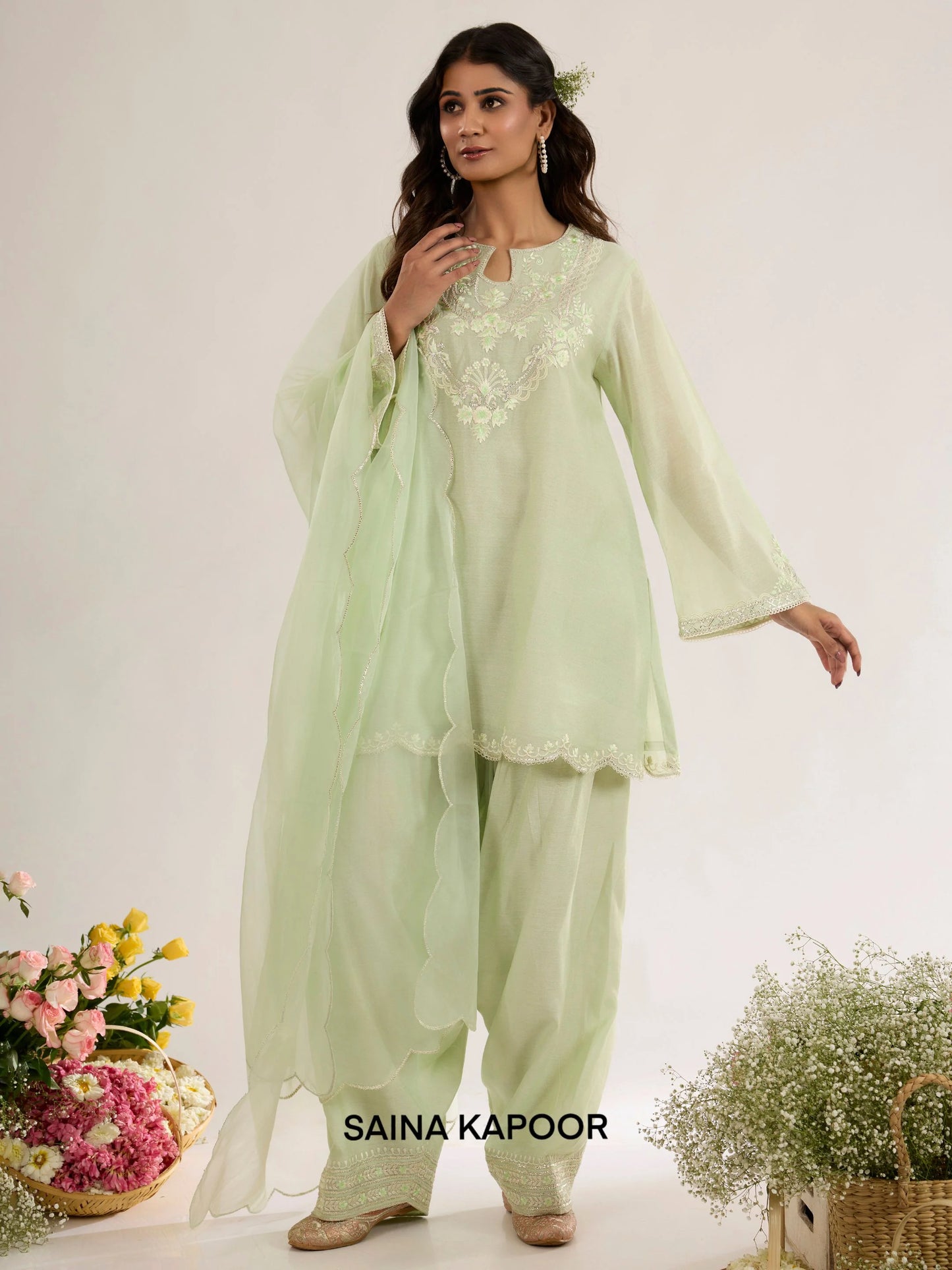 Mint Green Chanderi Short Kurta with Farsha Salwar & Organza Dupatta - Saina Kapoor