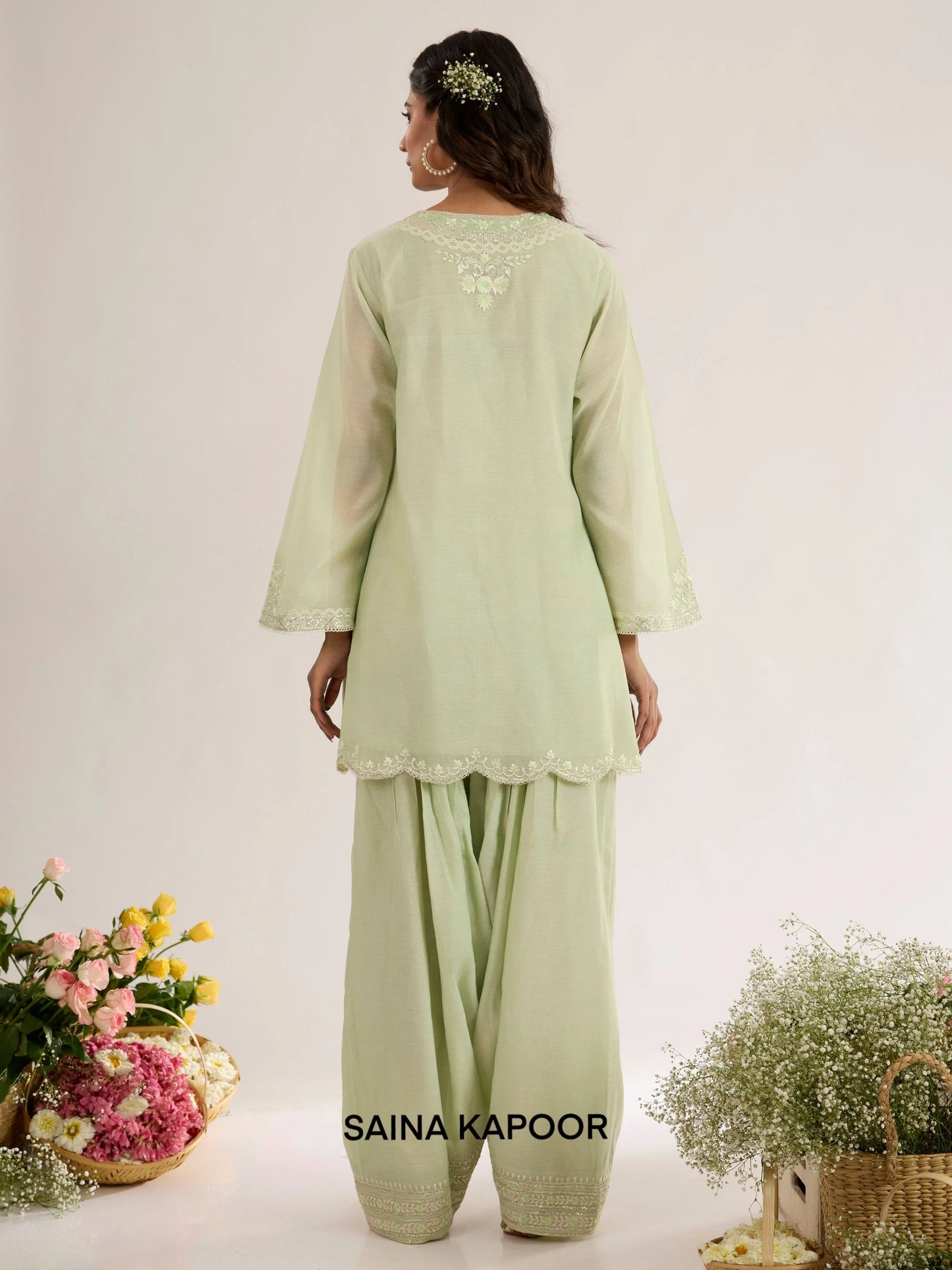 Mint Green Chanderi Short Kurta back view with Farsha Salwar & Scalloped Dupatta - Saina Kapoor