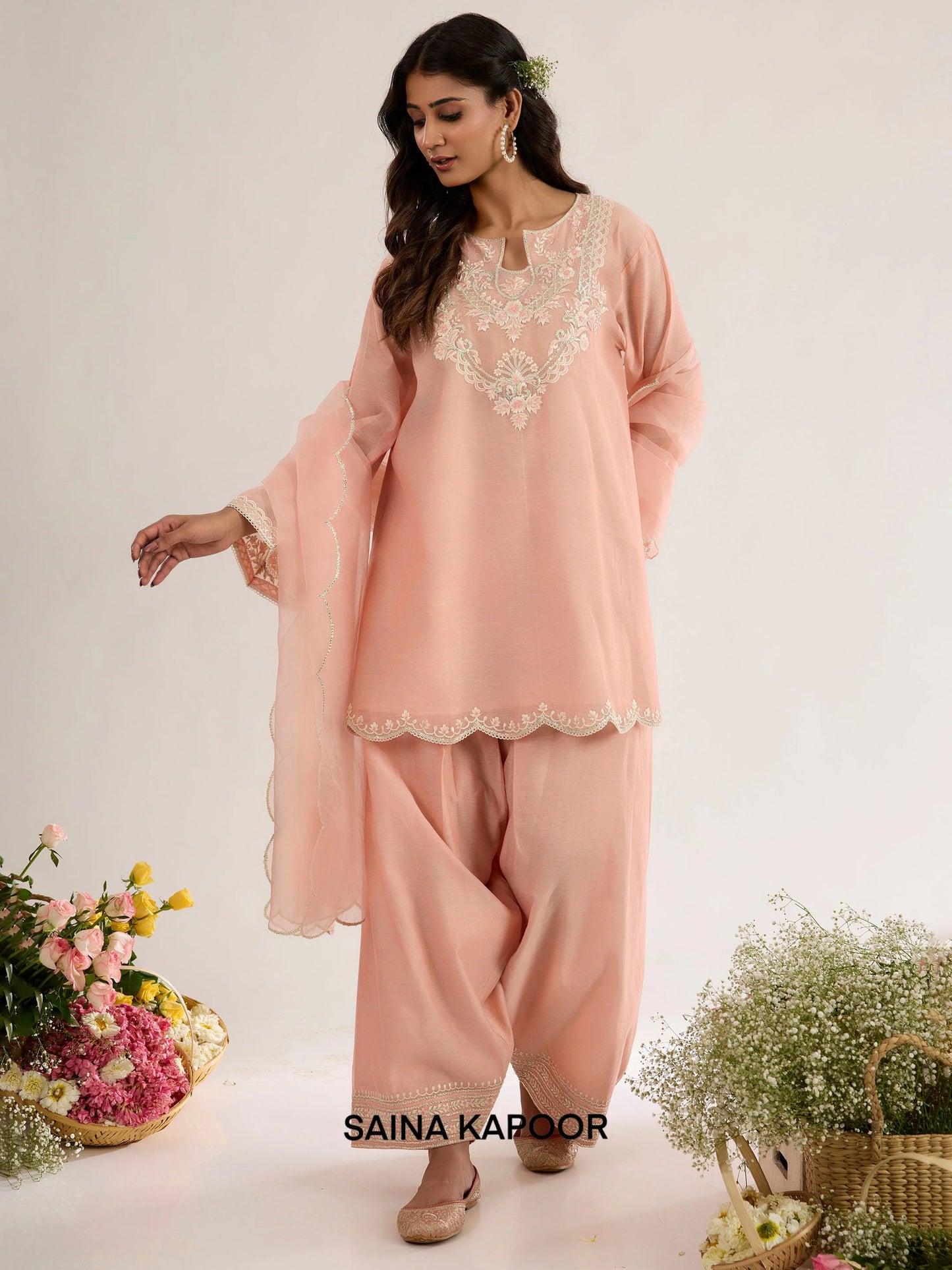 Blush Pink Chanderi Short Kurta AAFIA with Farsha Salwar & Organza Dupatta - Saina Kapoor