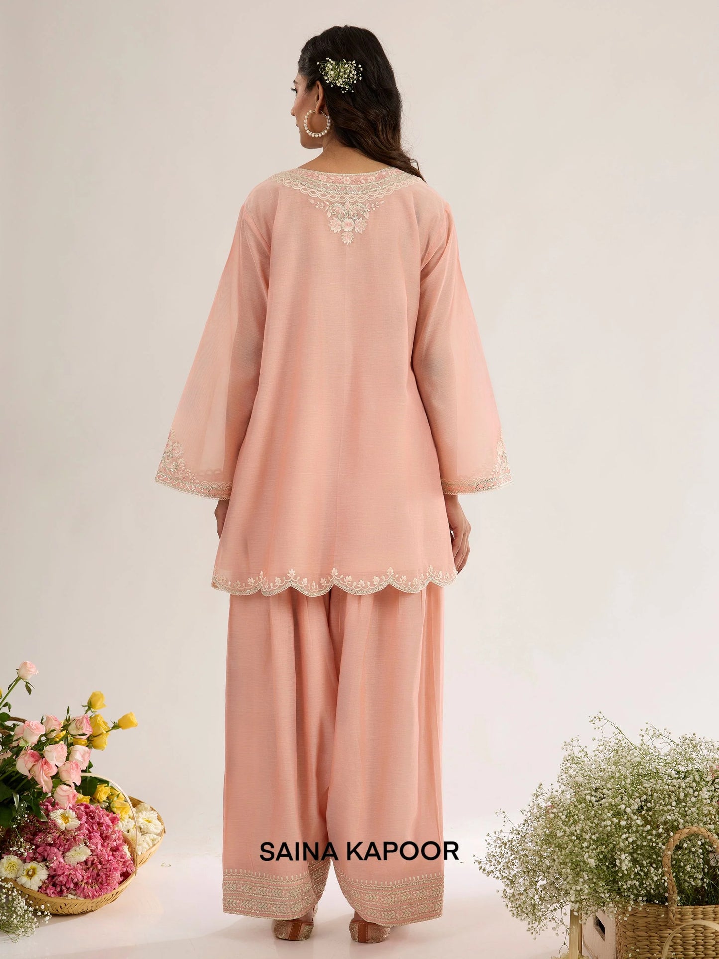 Blush Pink Chanderi Kurta AAFIA back view with Farsha Salwar & Scalloped Dupatta - Saina Kapoor