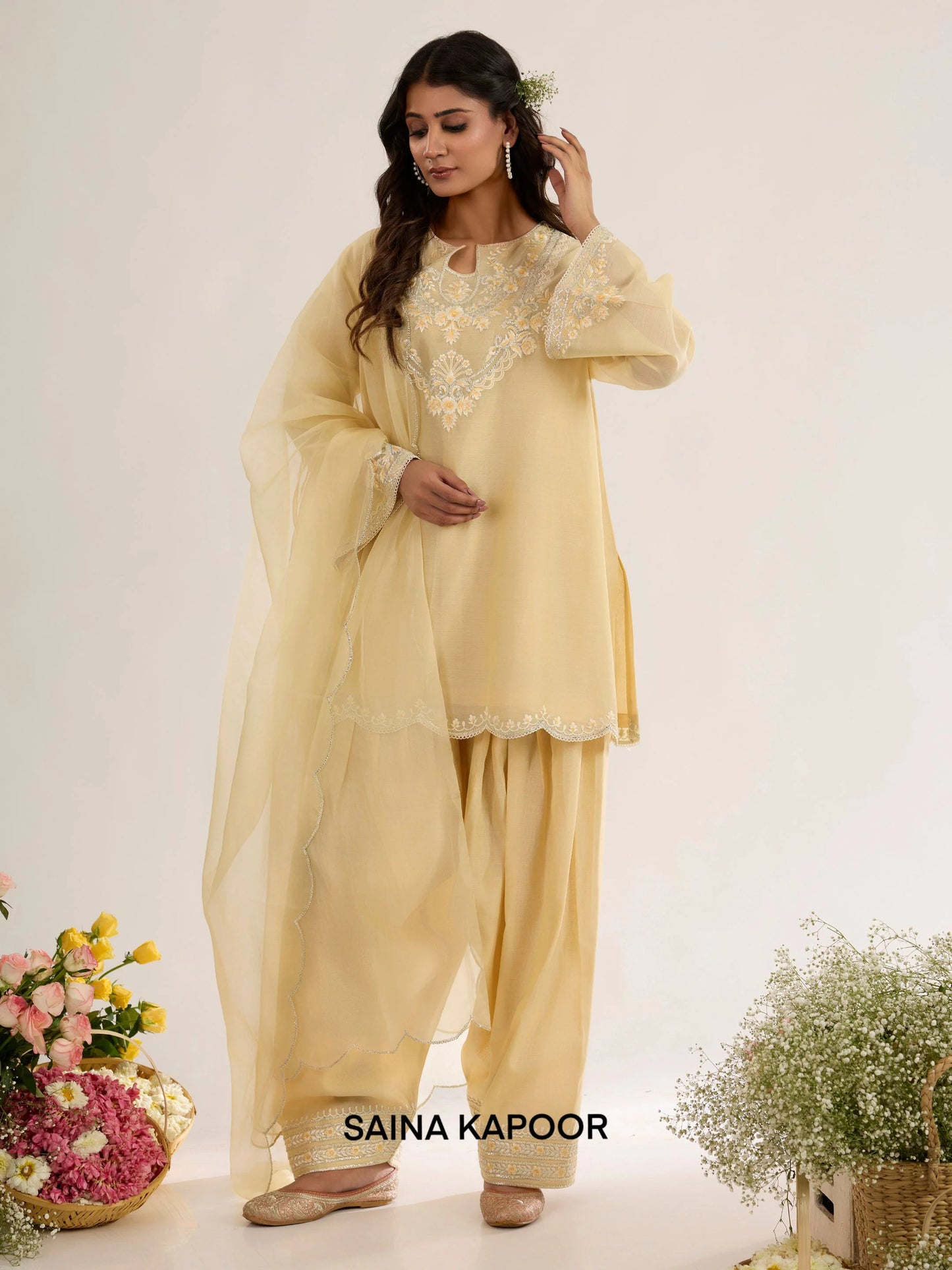 Soft Yellow Chanderi Short Kurta AADAB with Farsha Salwar & Organza Dupatta - Saina Kapoor
