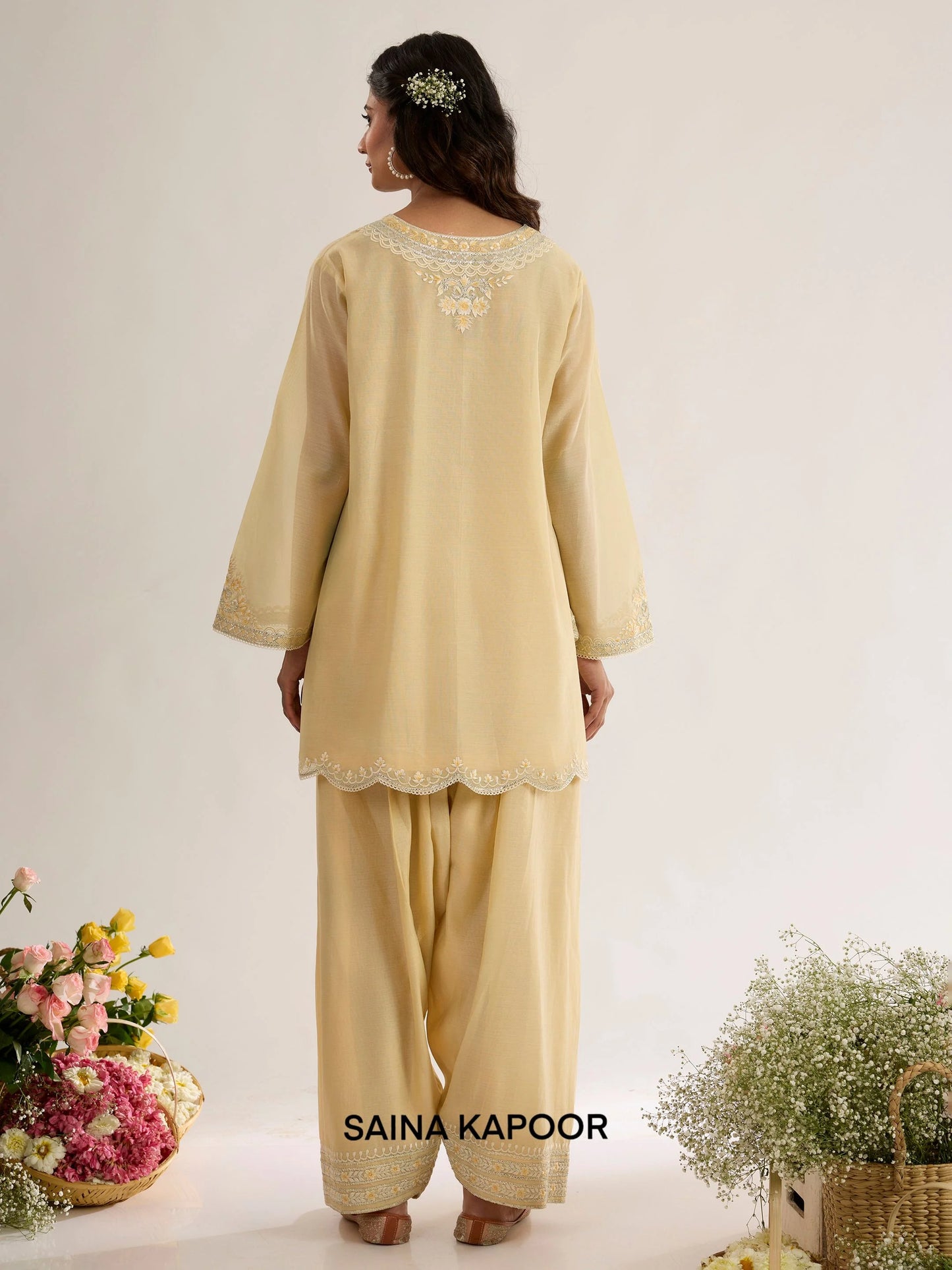 Soft Yellow Chanderi Kurta AADAB back view with Farsha Salwar & Scalloped Dupatta - Saina Kapoor