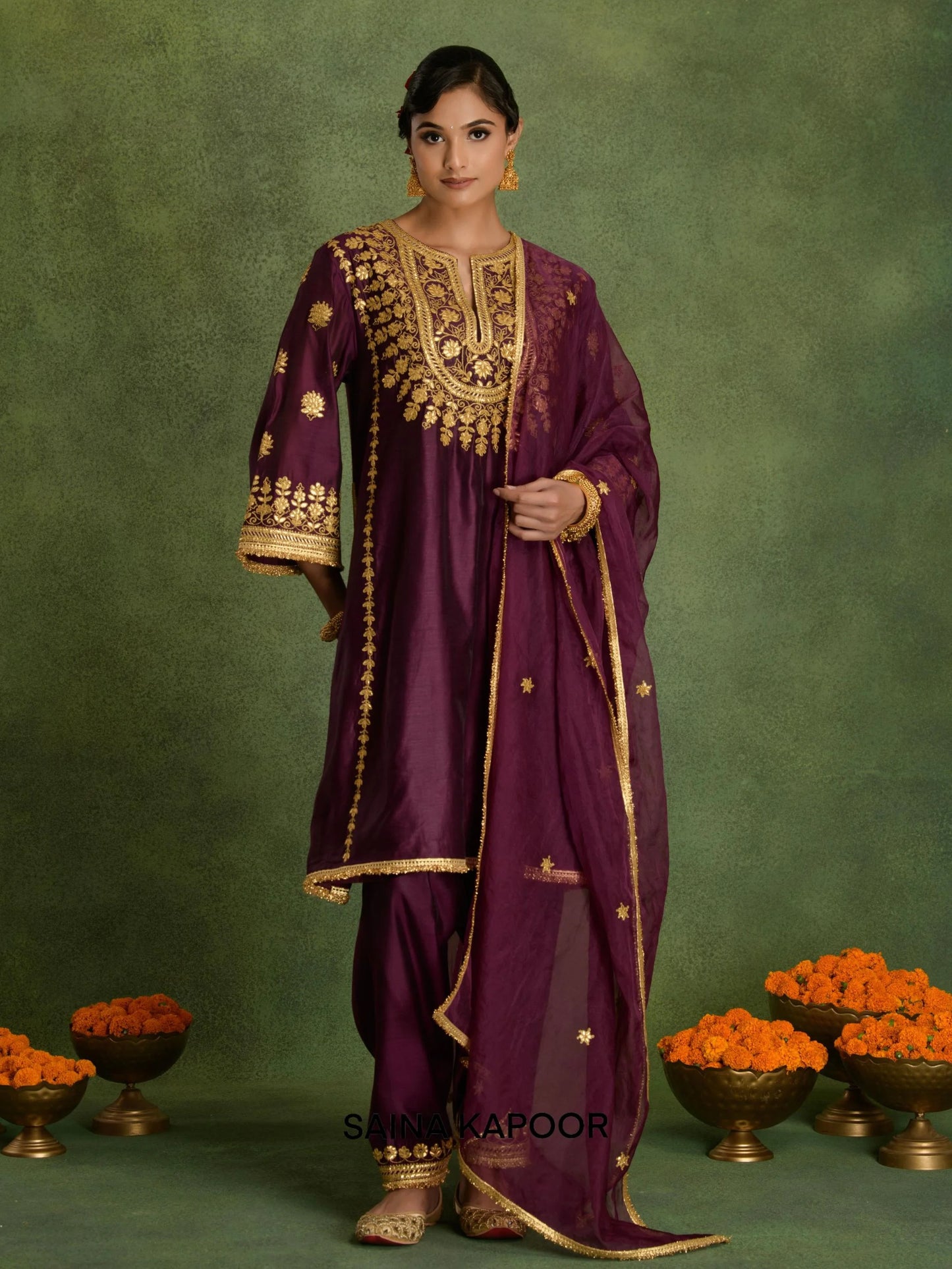 Designer Deep Violet gota embroidered Choga kurta set with salwar and organza dupatta by Saina Kapoor