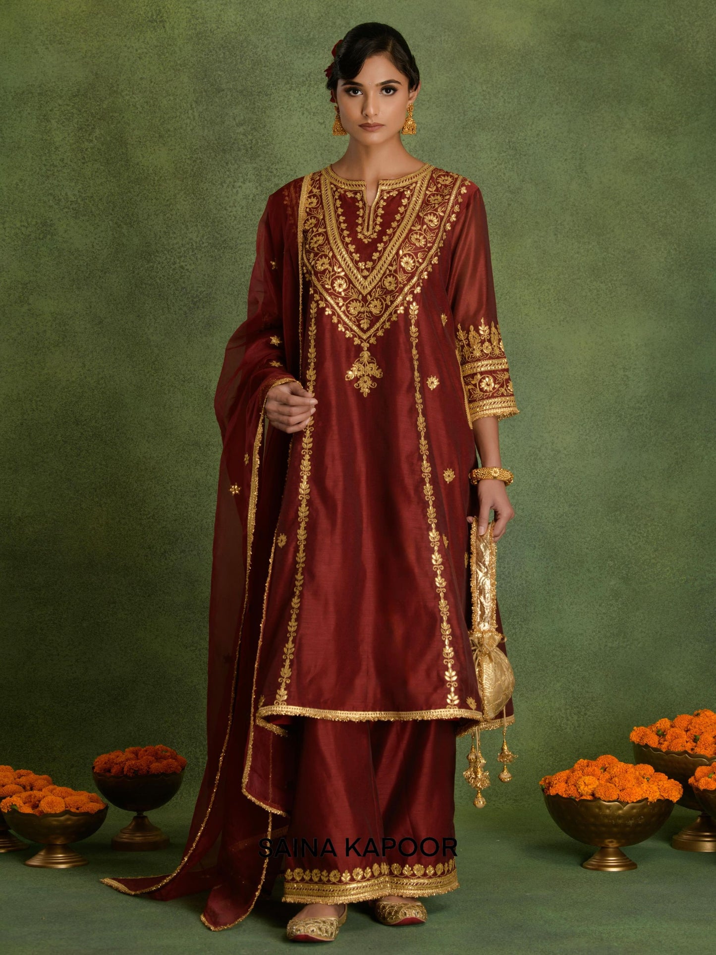 A LINE KURTA, PANTS, ORGANZA DUPATTA AND POTLI - SAINA KAPOOR