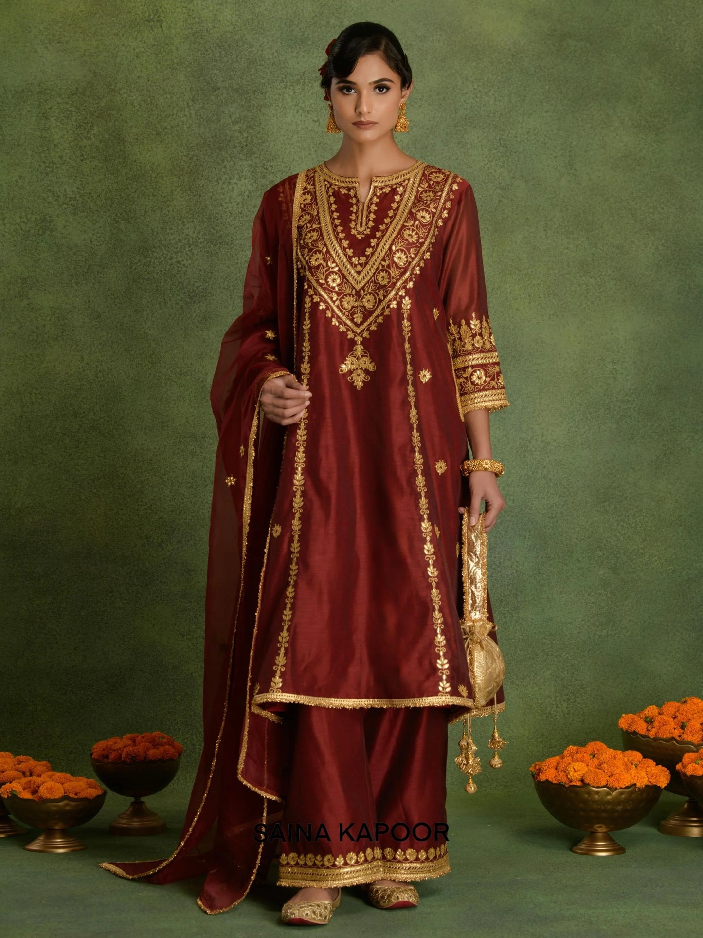 Designer Mehroon Red gota embroidered A-line kurta set with palazzo and dupatta by Saina Kapoor