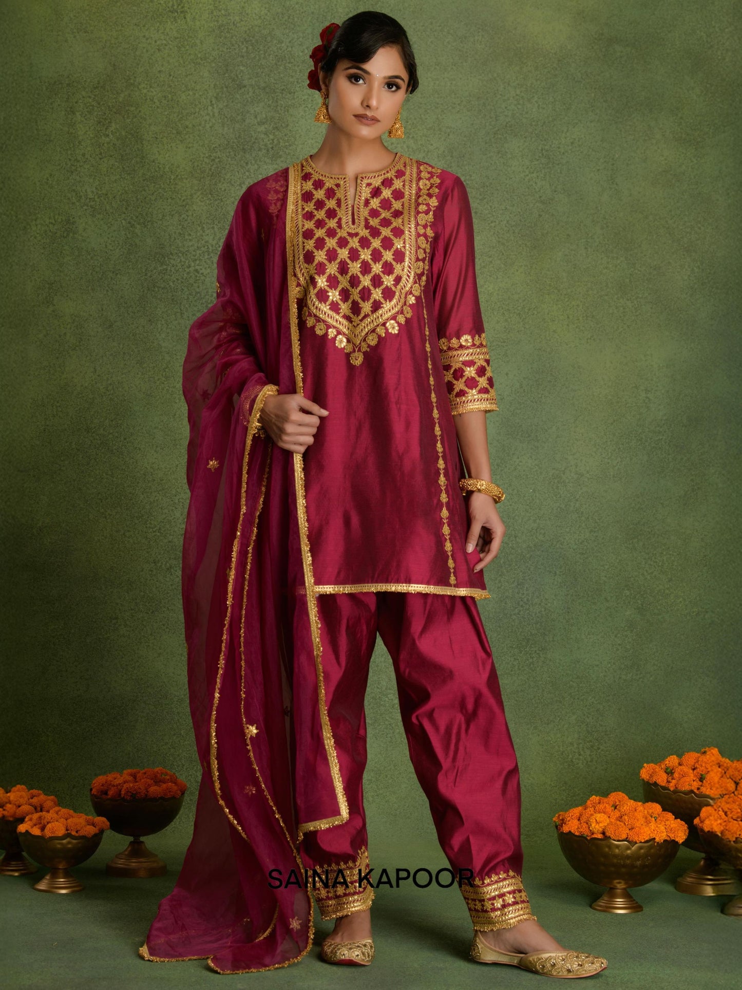 SHORT A-LINE KURTA, SALWAR, ORGANZA DUPATTA AND POTLI - SAINA KAPOOR