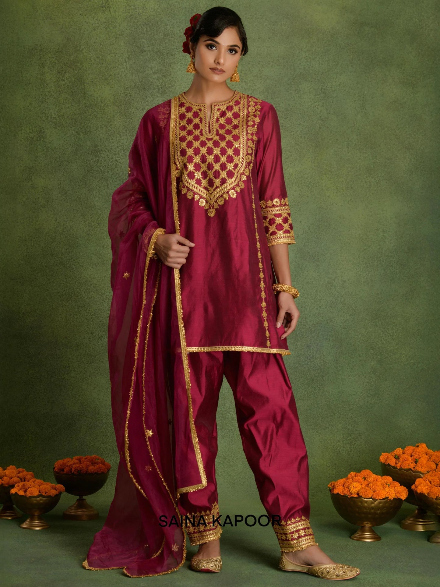 Mulberry Chanderi short A-line kurta with dense gold gota patti geometric trellis embroidered V-notch yoke & matching dhoti salwar & organza dupatta — Saina Kapoor