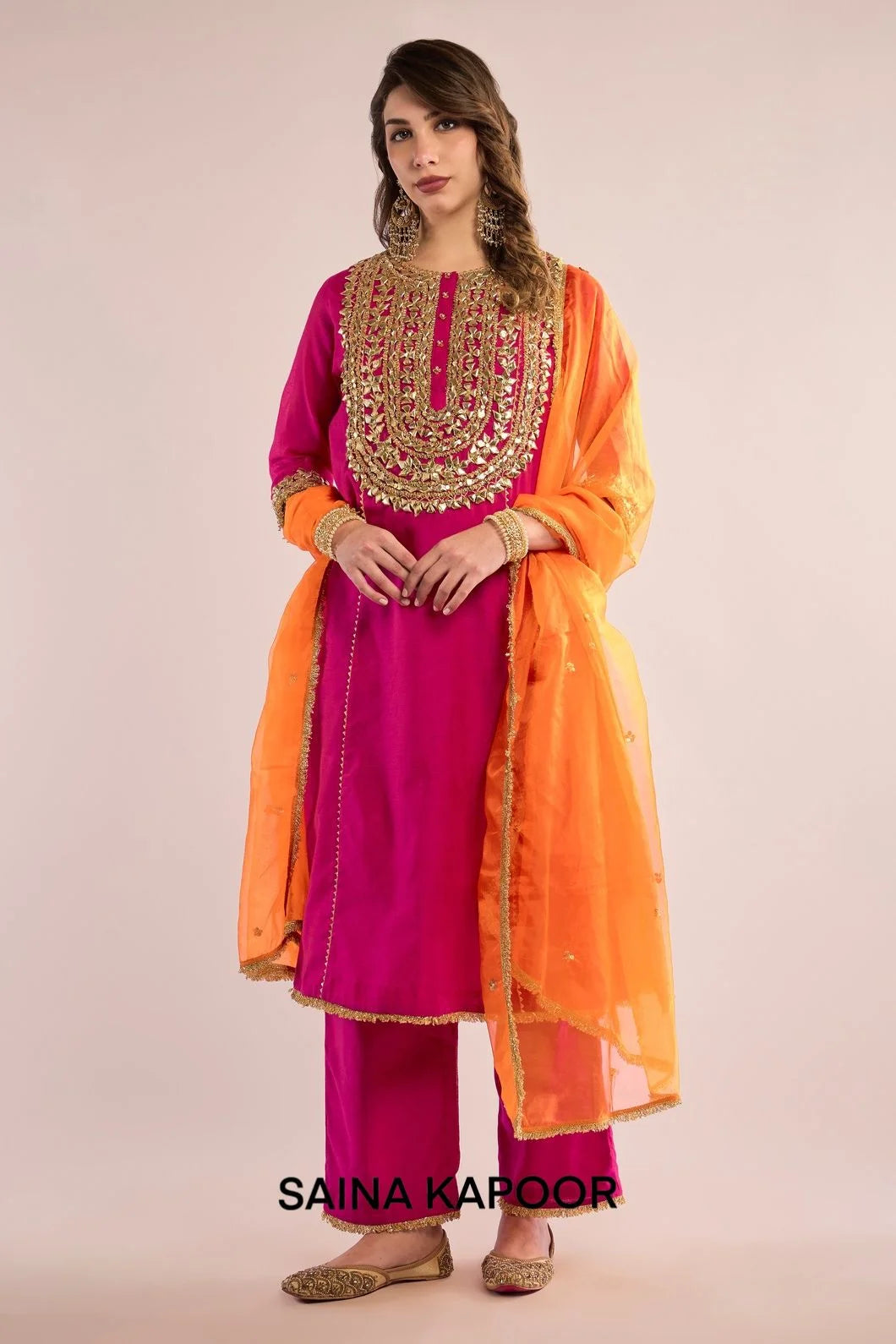 Fuchsia Chanderi A-line kurta with gota patti mirror embroidered yoke & matching pants & mustard organza dupatta — Saina Kapoor