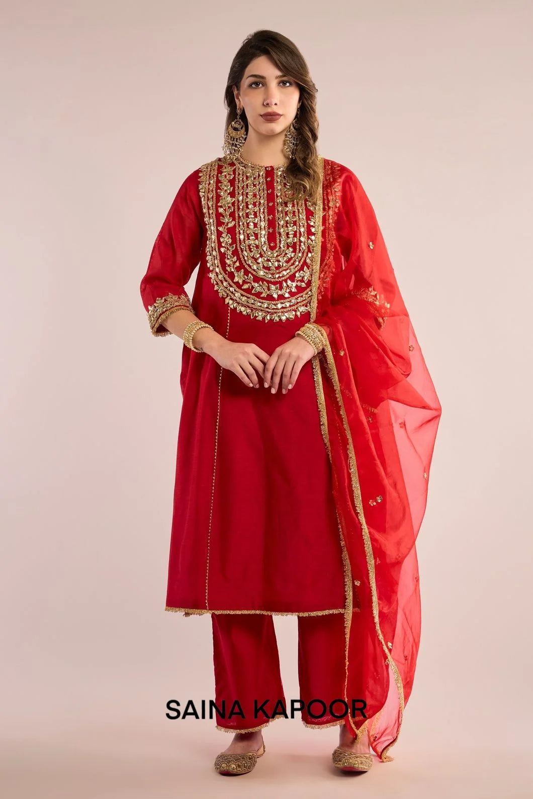 Red Chanderi A-line kurta with gota patti embroidered yoke & matching pants & red organza dupatta — Saina Kapoor