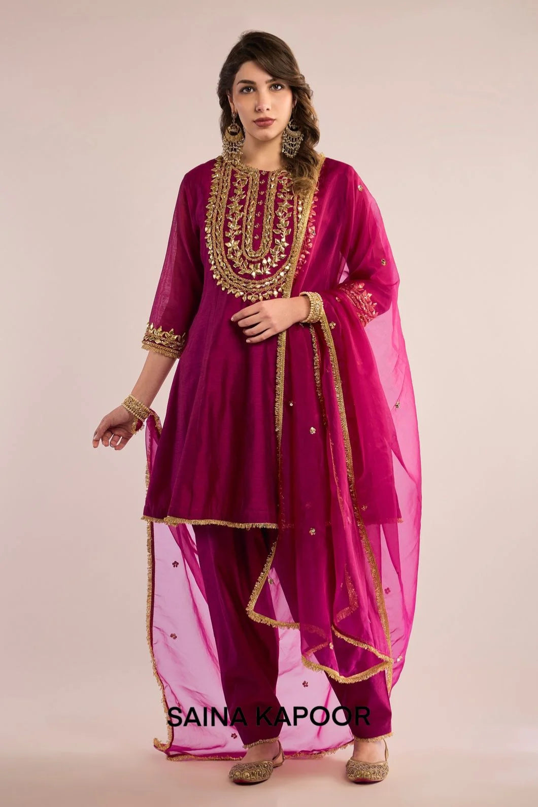 Pink Chanderi short Anarkali with gota patti embroidered yoke & matching salwar & pink organza dupatta — Saina Kapoor