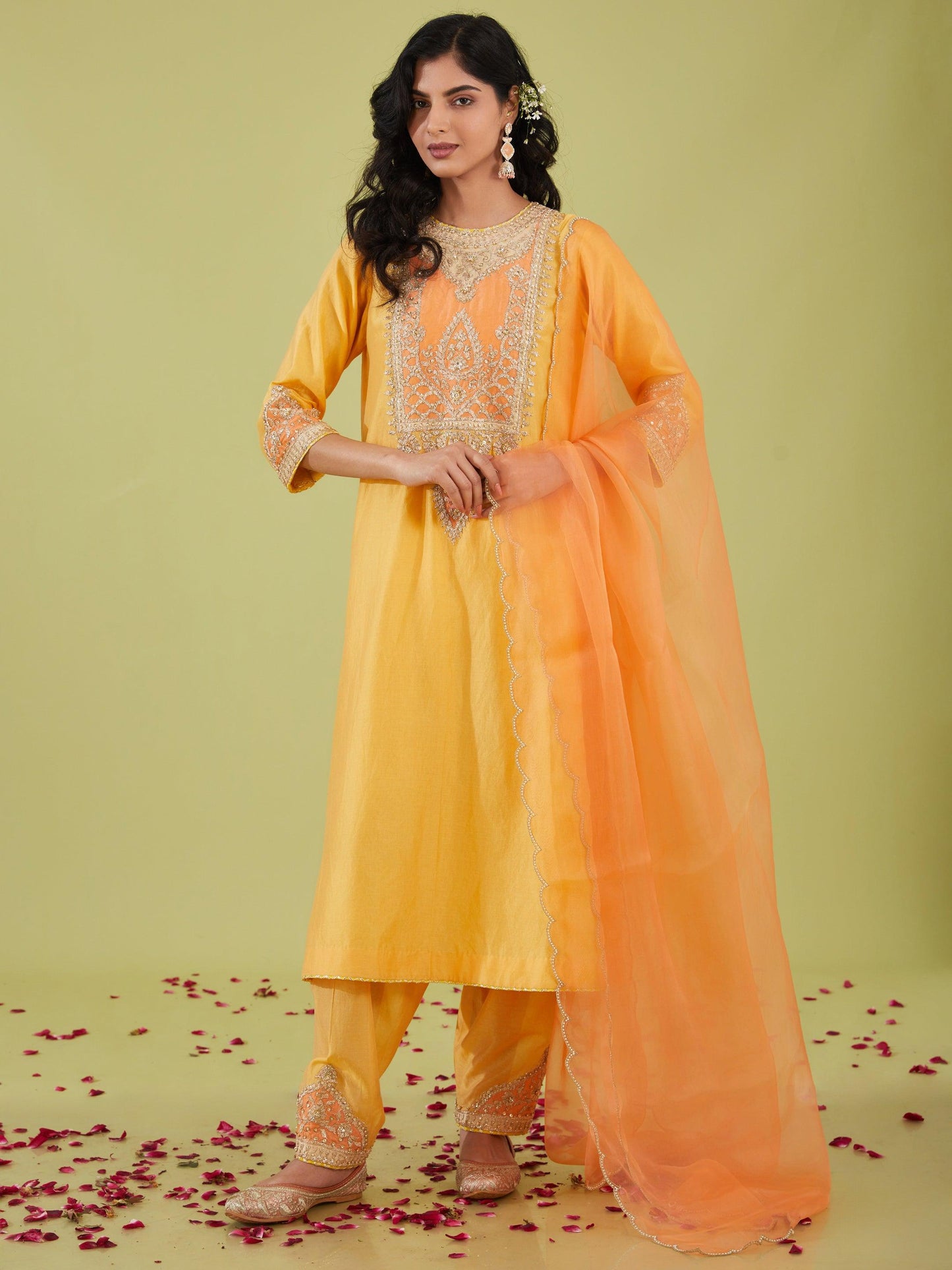 YELLOW LONG KURTA WITH SALWAR AND PEACH DUPATTA - Preeti s kapoor