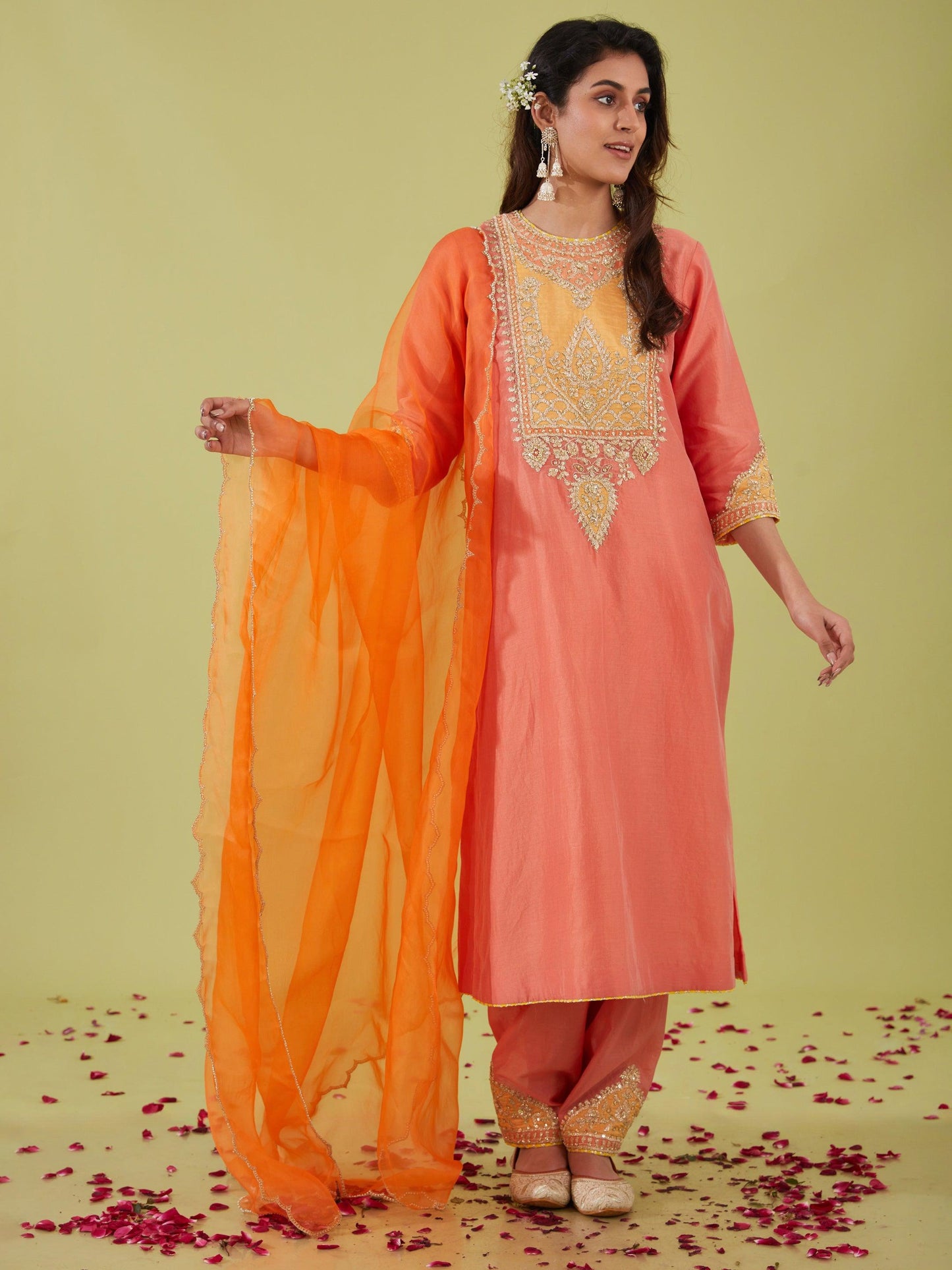 RUST PINK LONG KURTA WITH SALWAR AND ORANGE DUPATTA - Preeti s kapoor