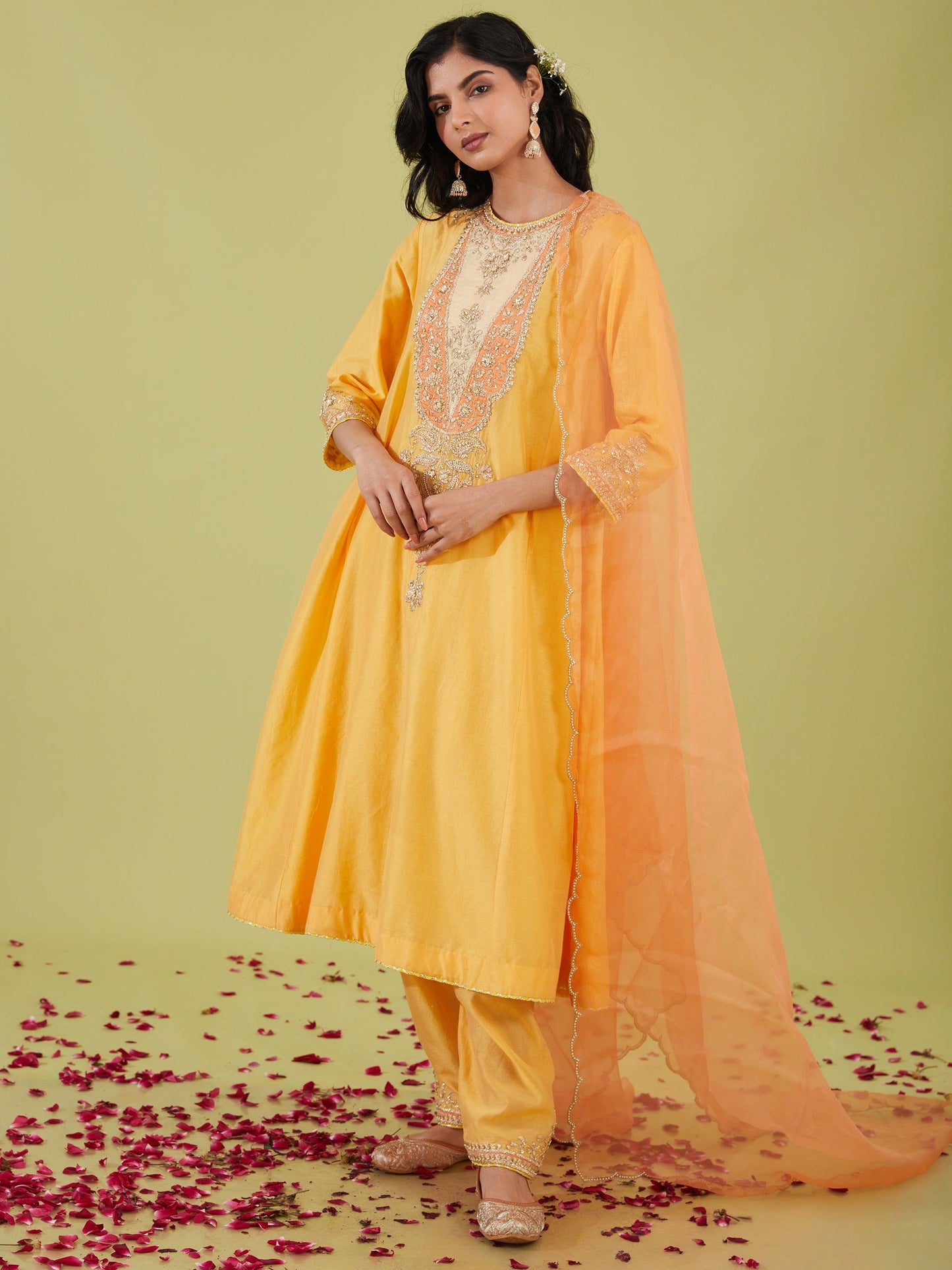 YELLOW LONG KALIDAR KURTA WITH SALWAR AND PEACH DUPATTA - Preeti s kapoor