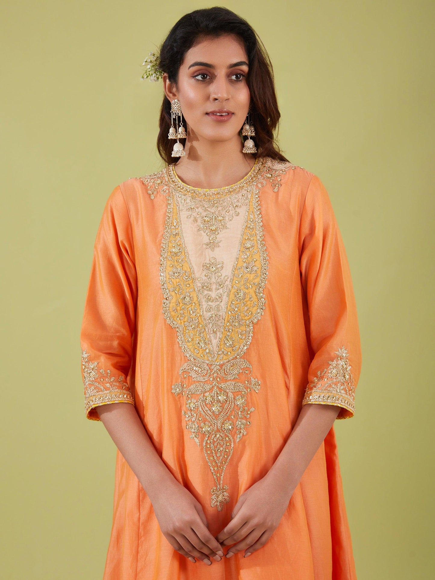 PEACH LONG KALIDAR KURTA WITH SALWAR AND YELLOW DUPATTA - Preeti s kapoor