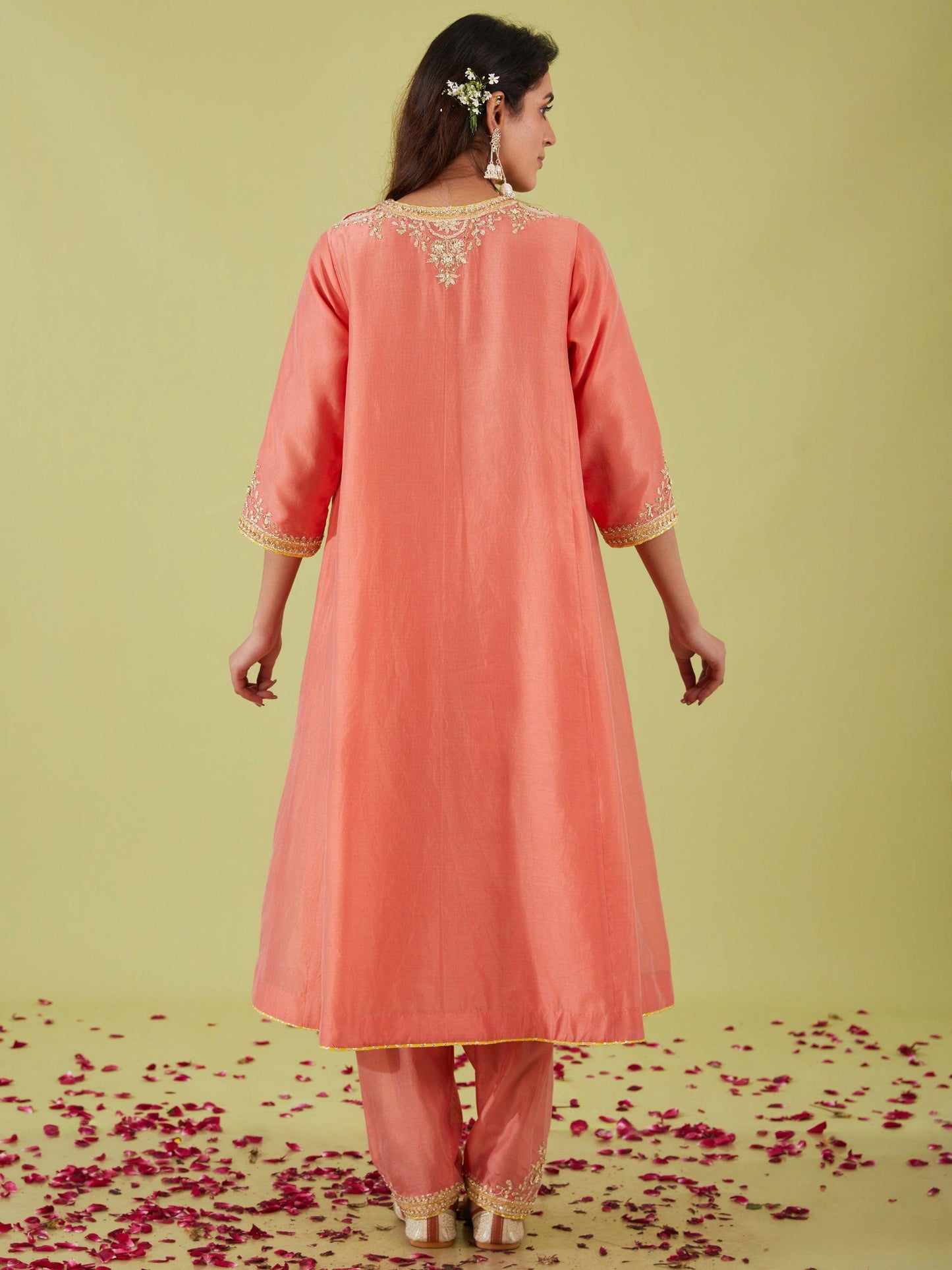 RUST PINK LONG KALIDAR KURTA WITH SALWAR AND ORANGE DUPATTA - Preeti s kapoor