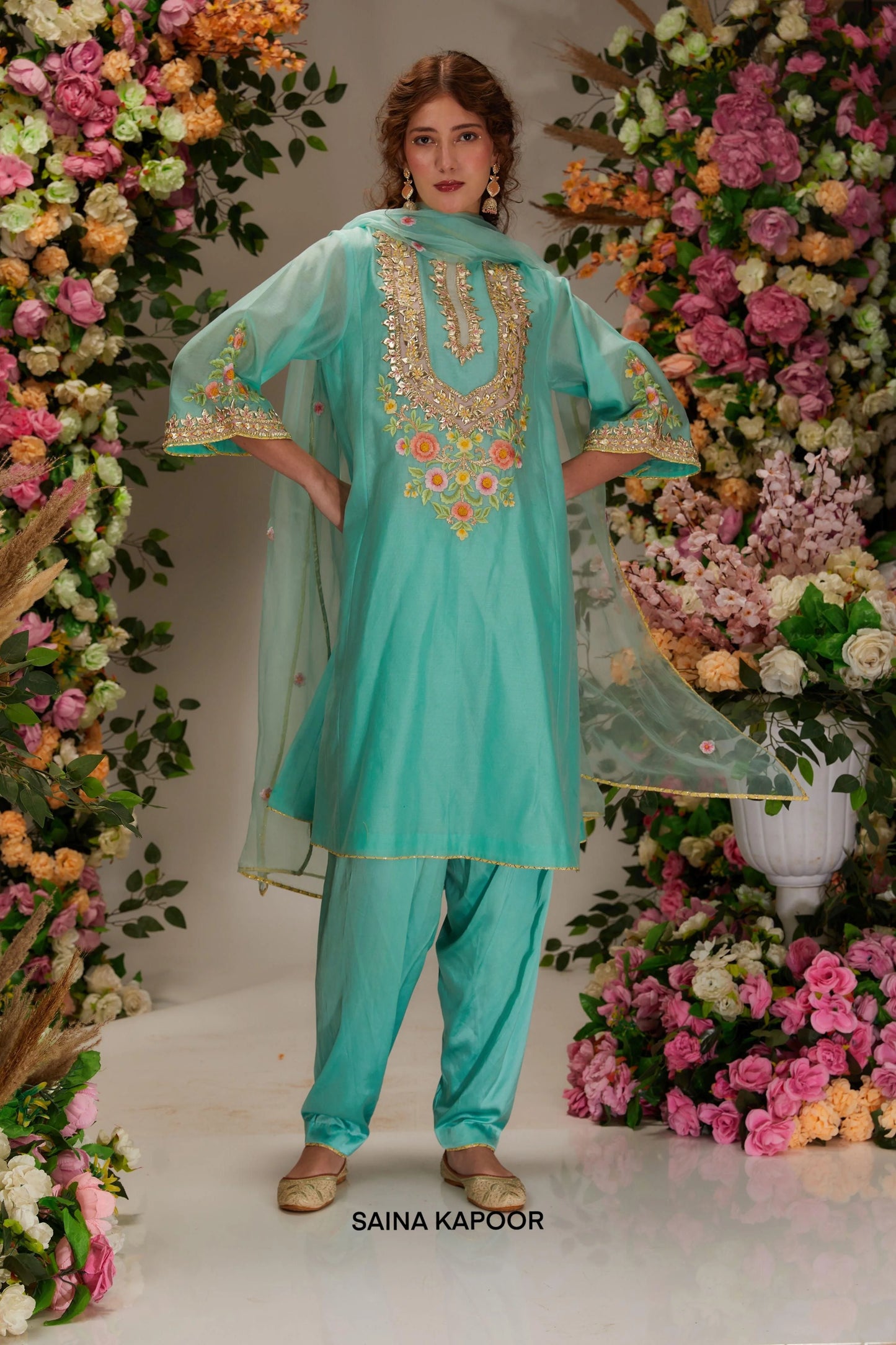 Turquoise Chanderi kalidar salwar suit with gota moti yoke & resham floral bouquet embroidery — Saina Kapoor