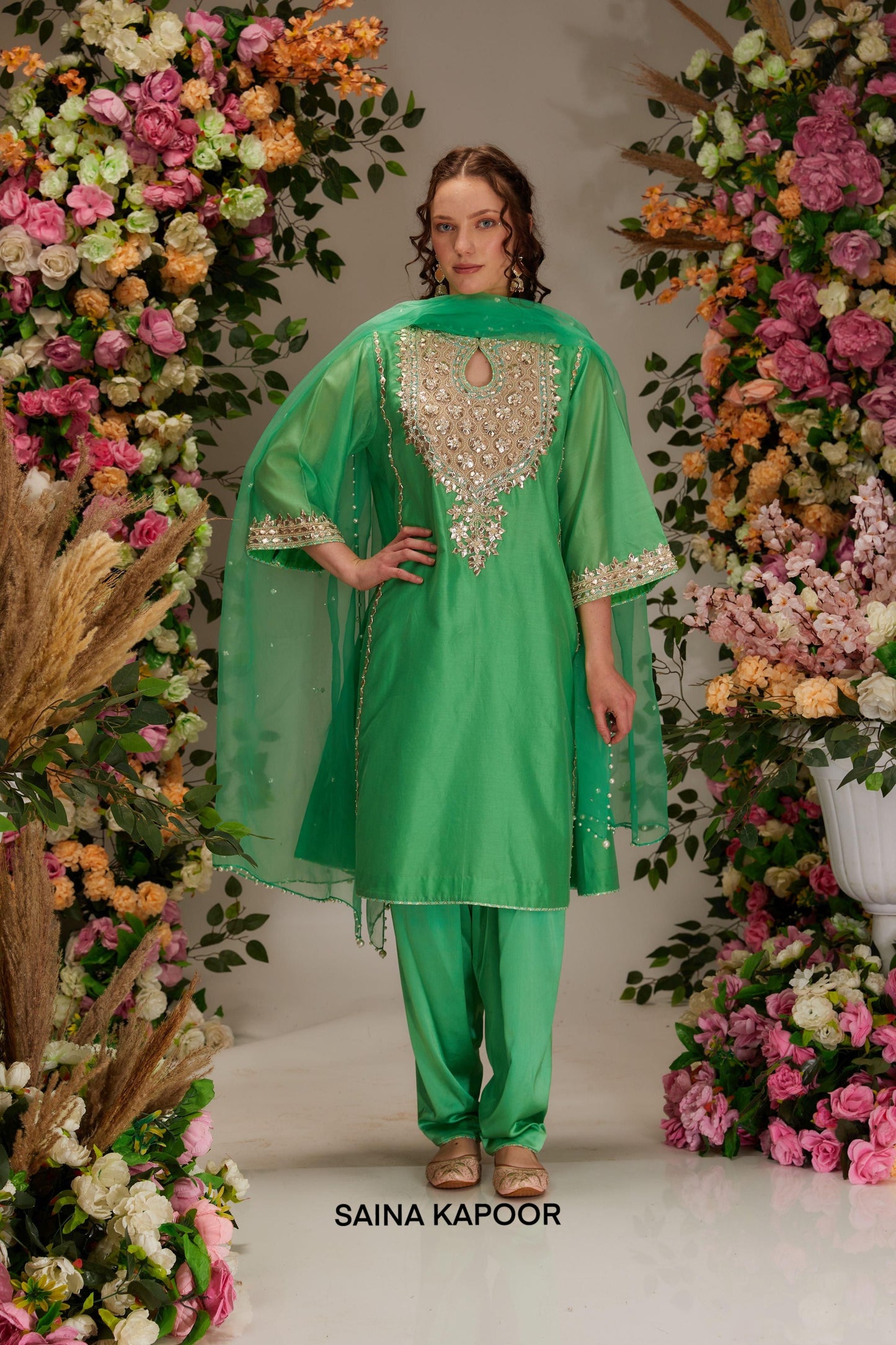 Green Chanderi Short A-line Kurta set - Saina Kapoor
