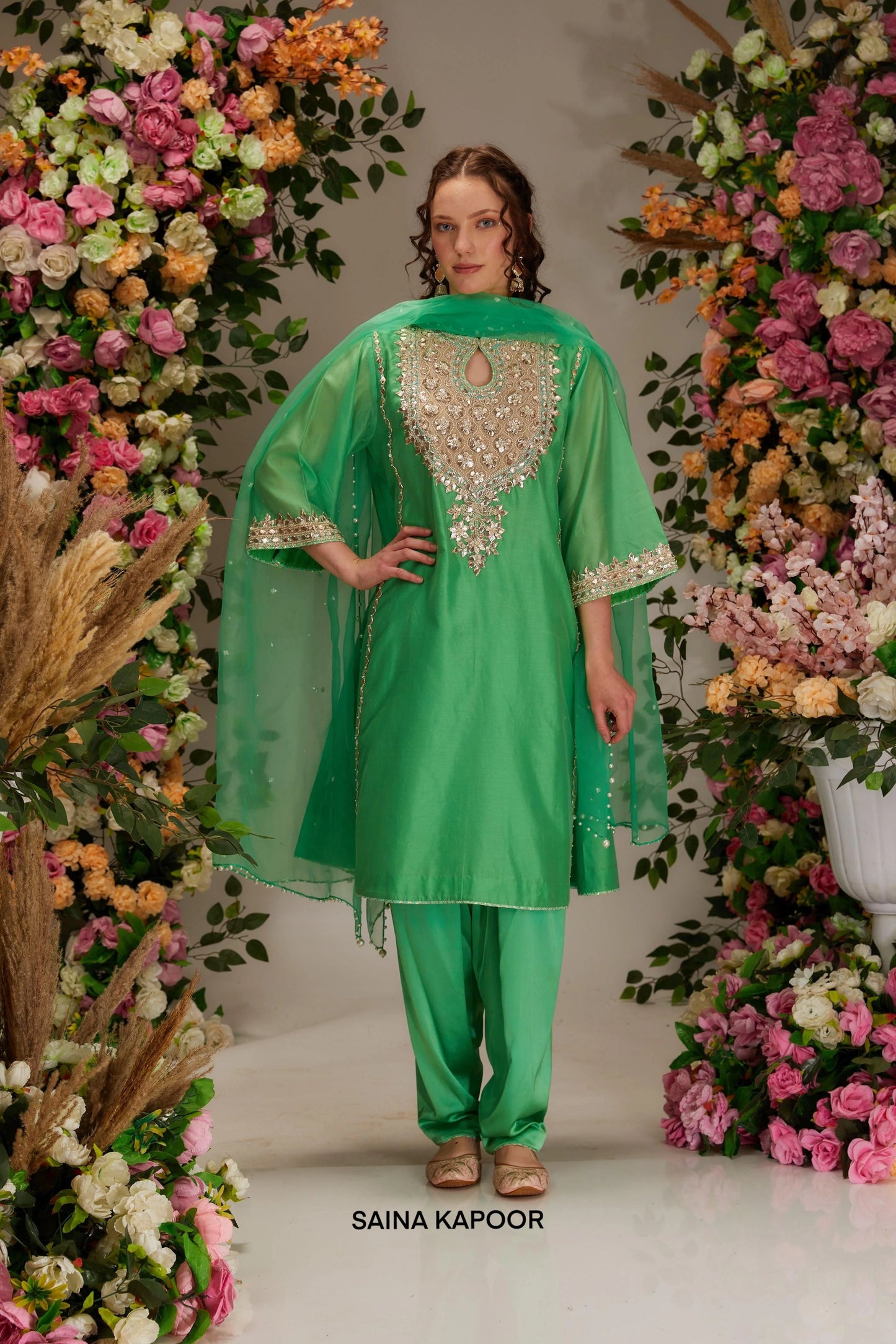 Mint green Chanderi short A-line kurta with gota sequin embroidered golden beige net yoke & matching salwar & organza dupatta — Saina Kapoor