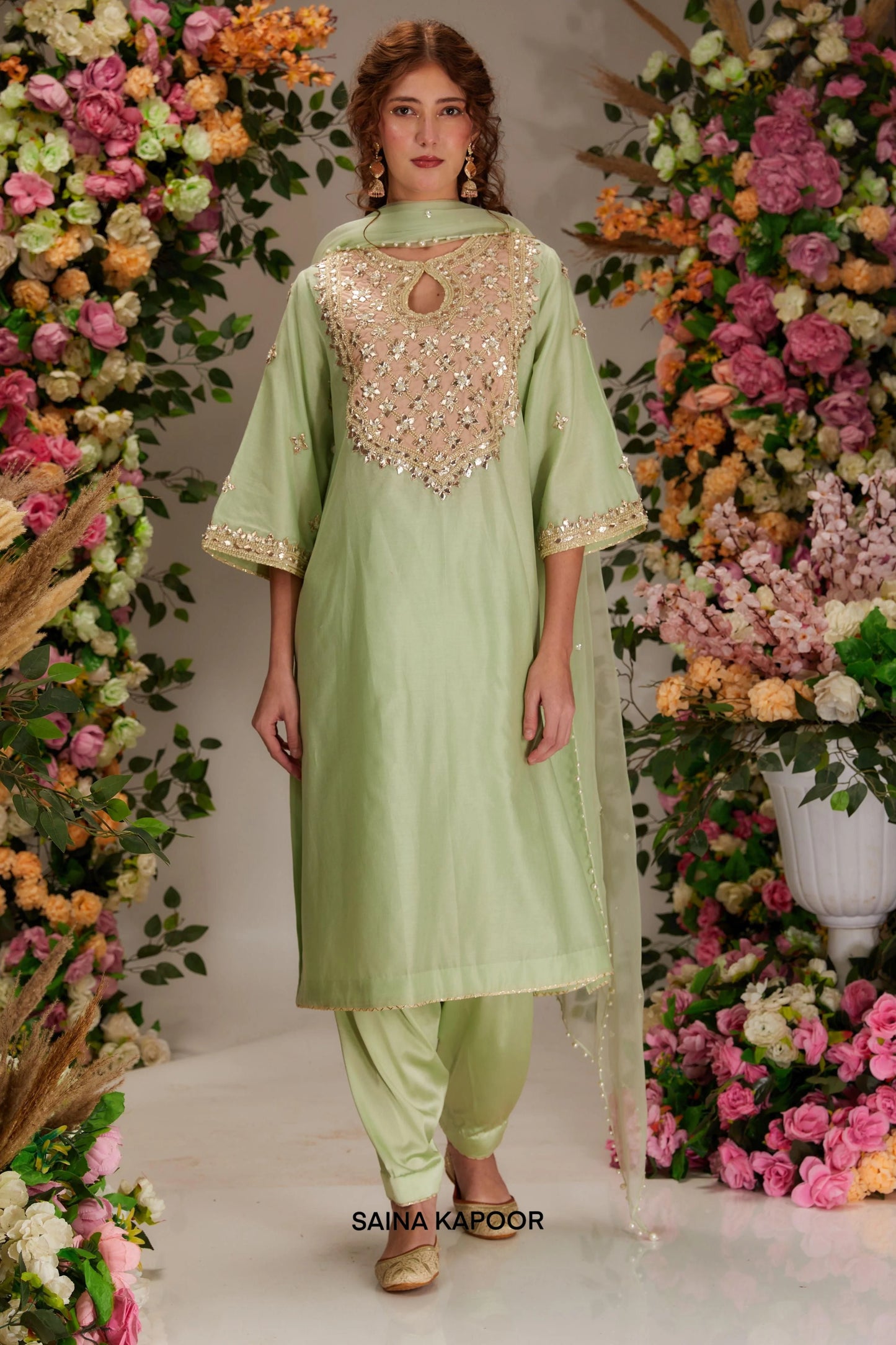 Pista green Chanderi long kurta with gota sequin embroidered peach net yoke & matching tulip salwar & organza dupatta — Saina Kapoor
